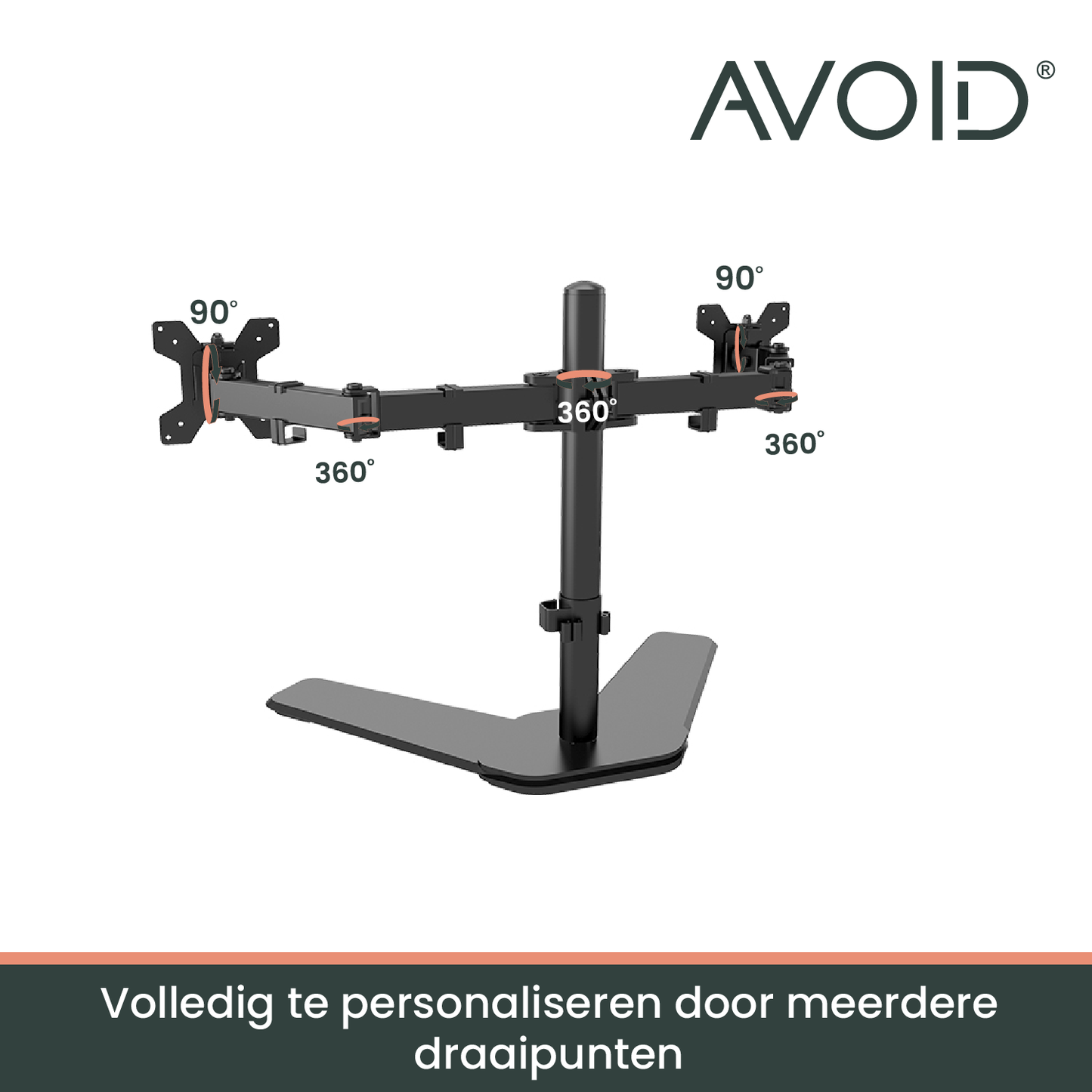 Zwart metalen dubbele monitorstandaard met verstelbare armen en stevige driepuntsvoet, geschikt voor ergonomisch werken en gaming. Ideaal voor professionele werkplekken en thuiscomputers.