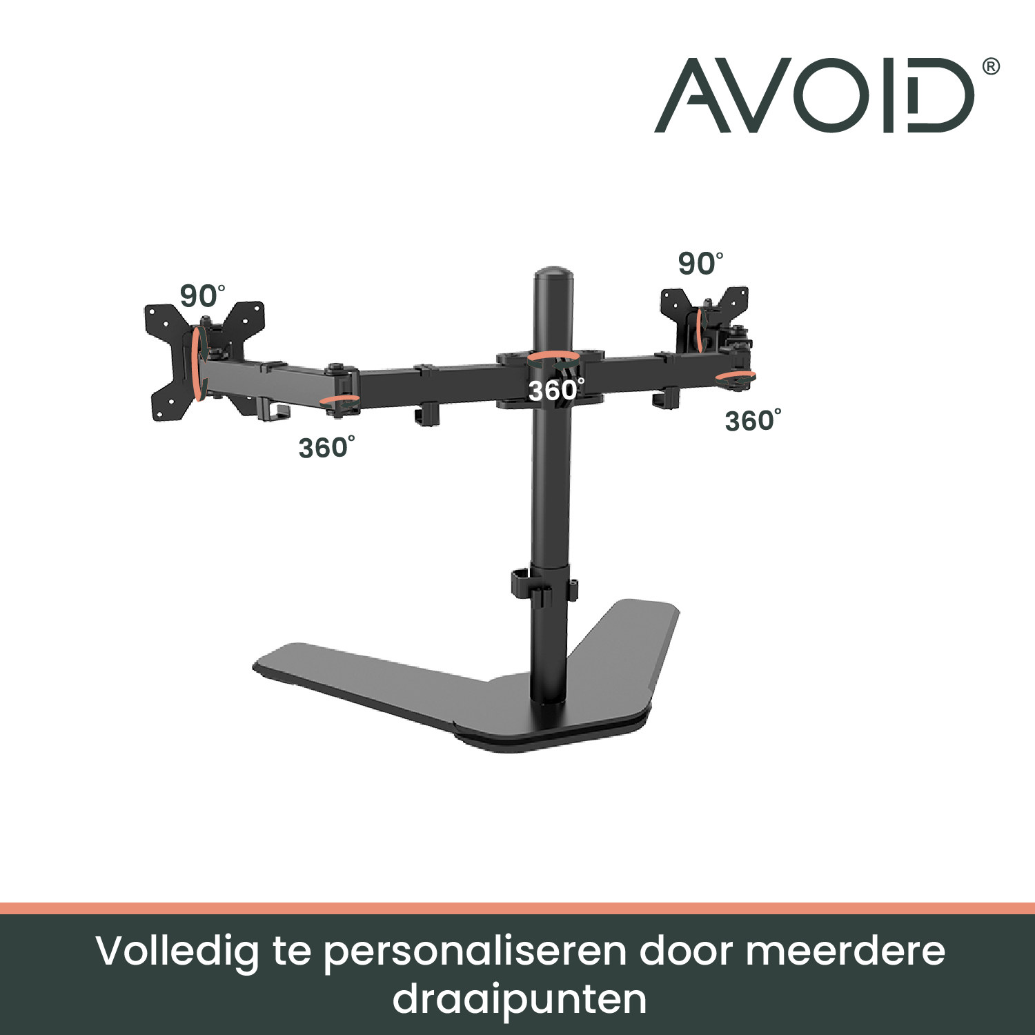 Zwart metalen dubbele monitorstandaard met verstelbare armen en stevige driepuntsvoet, geschikt voor ergonomisch werken en gaming. Ideaal voor professionele werkplekken en thuiscomputers.