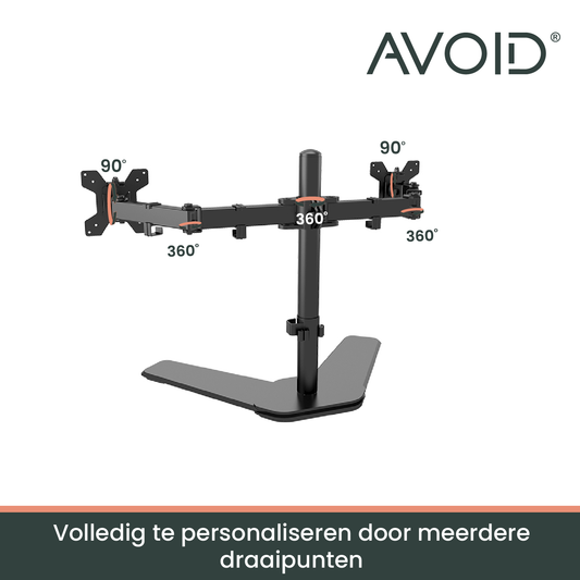 Zwart metalen dubbele monitorstandaard met verstelbare armen en stevige driepuntsvoet, geschikt voor ergonomisch werken en gaming. Ideaal voor professionele werkplekken en thuiscomputers.