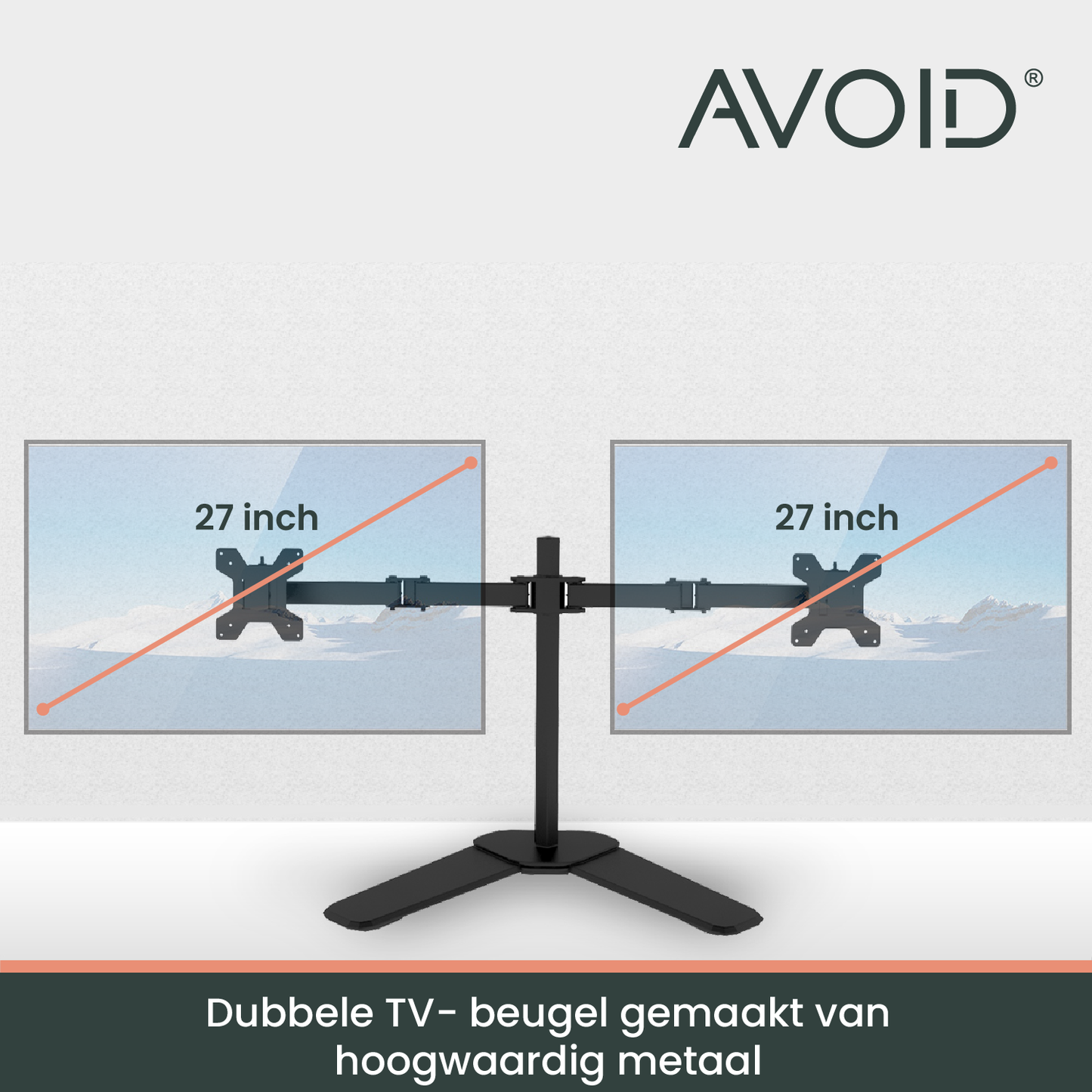 Zwart, verstelbaar dubbel-monitorstatief met stalen arm en driepuntsvoet, geschikt voor gaming- en werkstations. Geoptimaliseerd voor comfortabele, ergonomische schermopstelling.