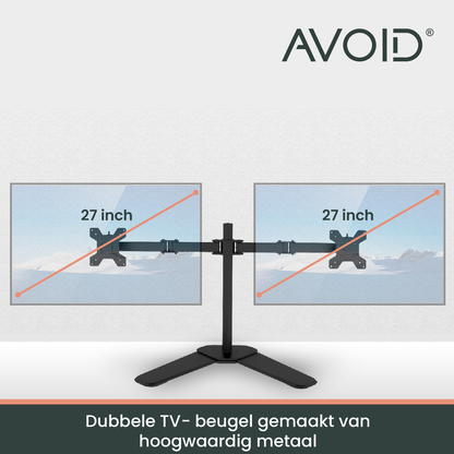 Zwart, verstelbaar dubbel-monitorstatief met stalen arm en driepuntsvoet, geschikt voor gaming- en werkstations. Geoptimaliseerd voor comfortabele, ergonomische schermopstelling.