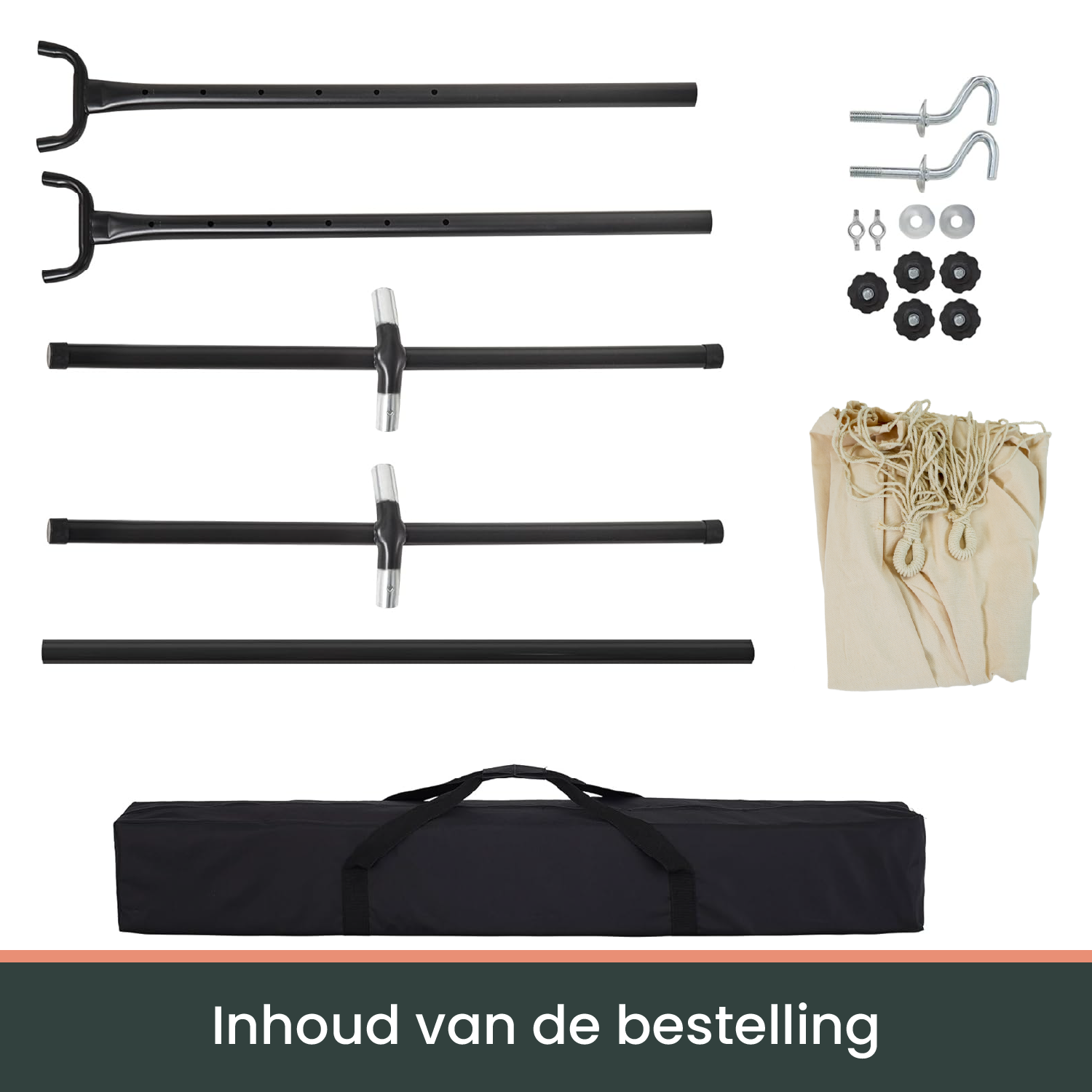 Een crèmekleurige hangmat met witte kabels hangt op een zwart metalen frame, ideaal voor ontspanning in de tuin of op het terras.