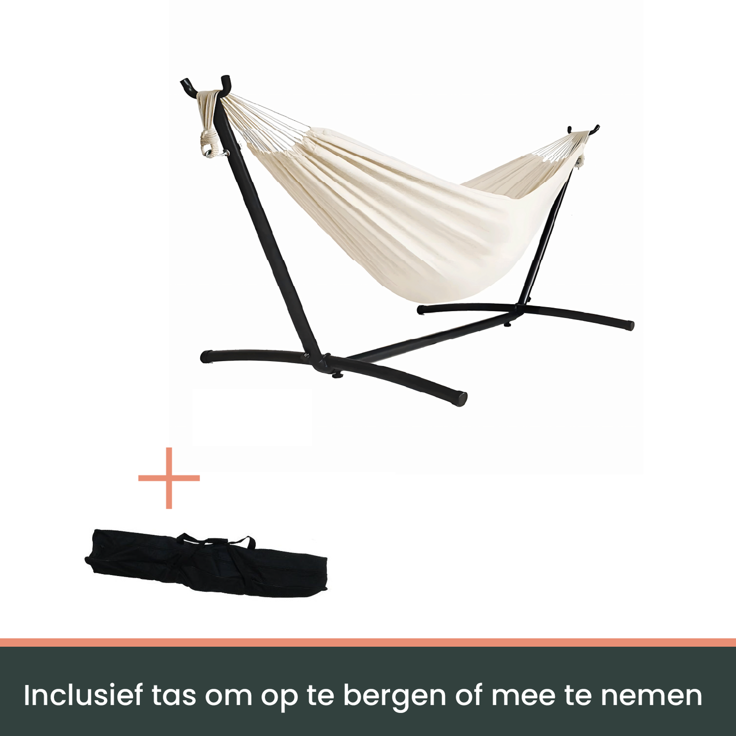 Een crèmekleurige hangmat op een zwart metalen frame, geschikt voor binnen- en buiten gebruik. De stof is zacht en de constructie biedt stabiele ondersteuning voor ontspanning.