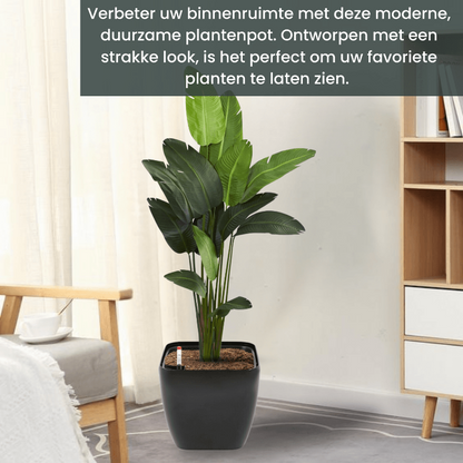 Zwart, vierkant kunststof plantenbak met glad oppervlak en afgeronde hoeken, voorzien van een waterstandsmeter met rode dop, geschikt voor binnen- en buitenruimtes.