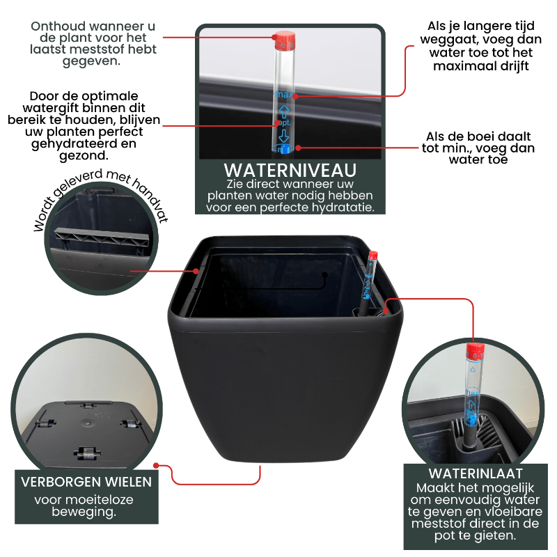 Zwart, vierkant kunststof plantenbak met glad oppervlak en afgeronde hoeken, voorzien van een waterstandsmeter met rode dop, geschikt voor binnen- en buitenruimtes.