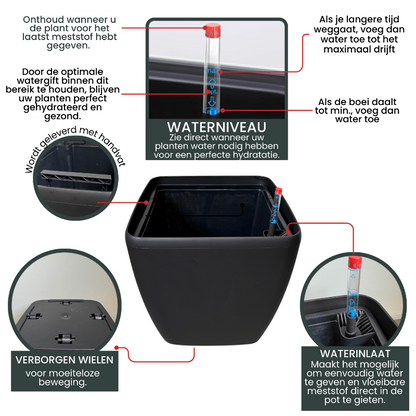 Zwart, vierkant kunststof plantenbak met glad oppervlak en afgeronde hoeken, voorzien van een waterstandsmeter met rode dop, geschikt voor binnen- en buitenruimtes.
