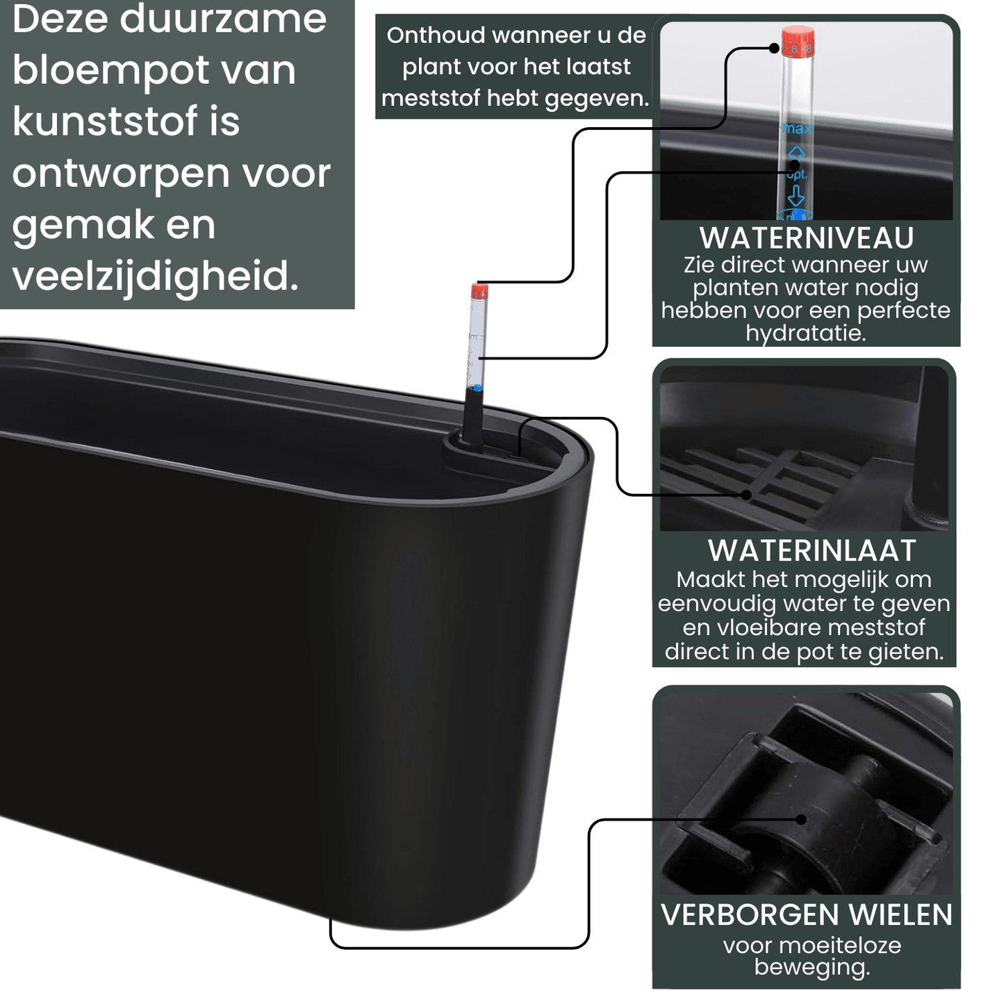 AVOID Oslo Collectie Plantenbak - Verplaatsbaar met Wielen - XL Zwart