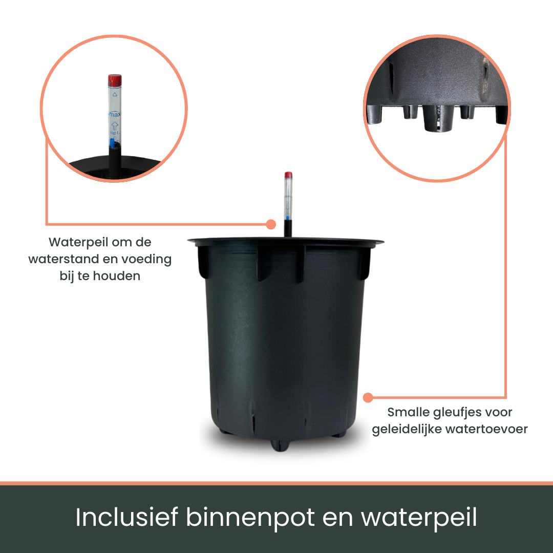 Olijfgroene, ronde penhouder met zwart randje en textuur, waarin een rode potloodstift met witte label zichtbaar is, geschikt voor kantoor- en studieomgevingen.