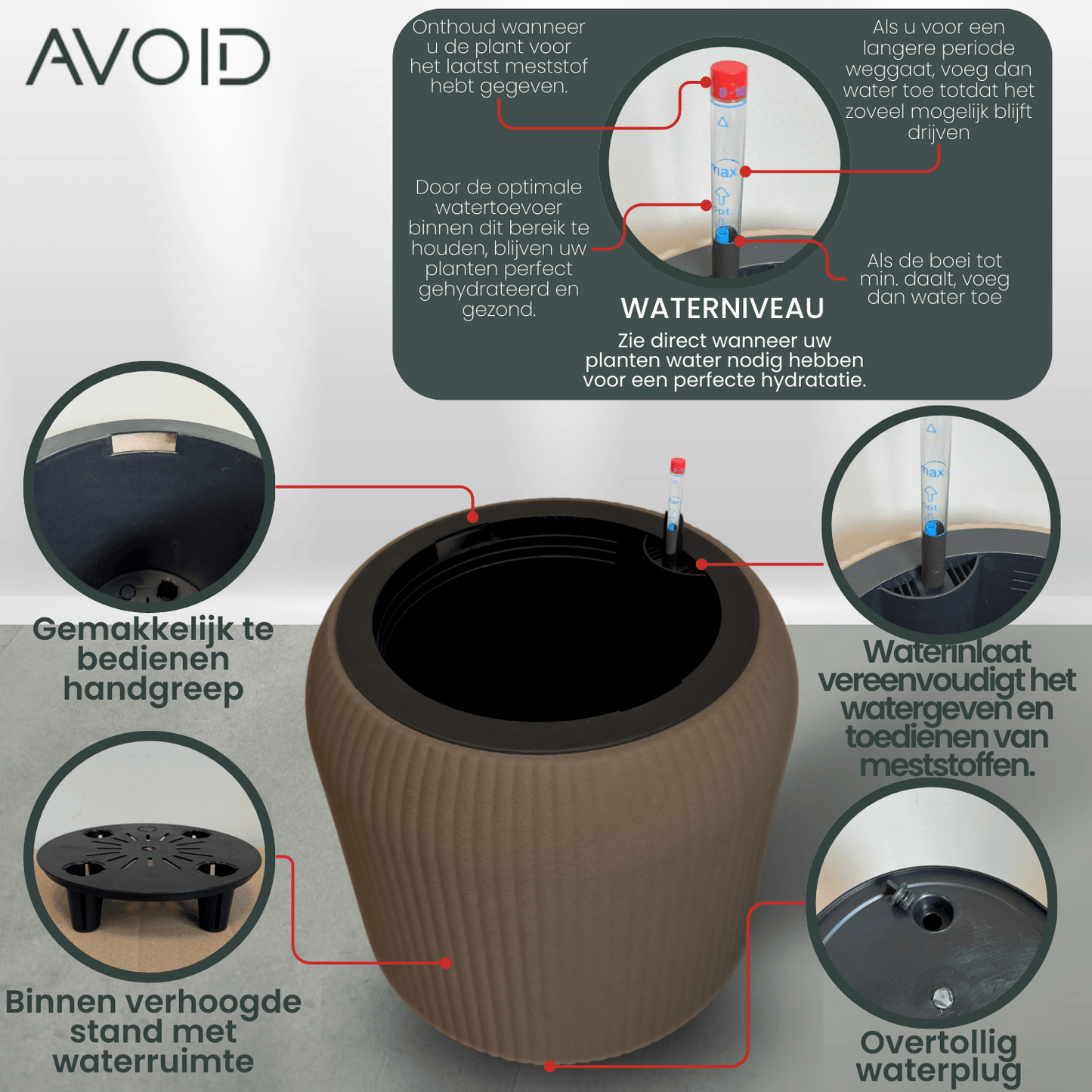 AVOID Slimme Bloempot Tuscany - Watergeefsysteem met Voedingsindicator - Maat M