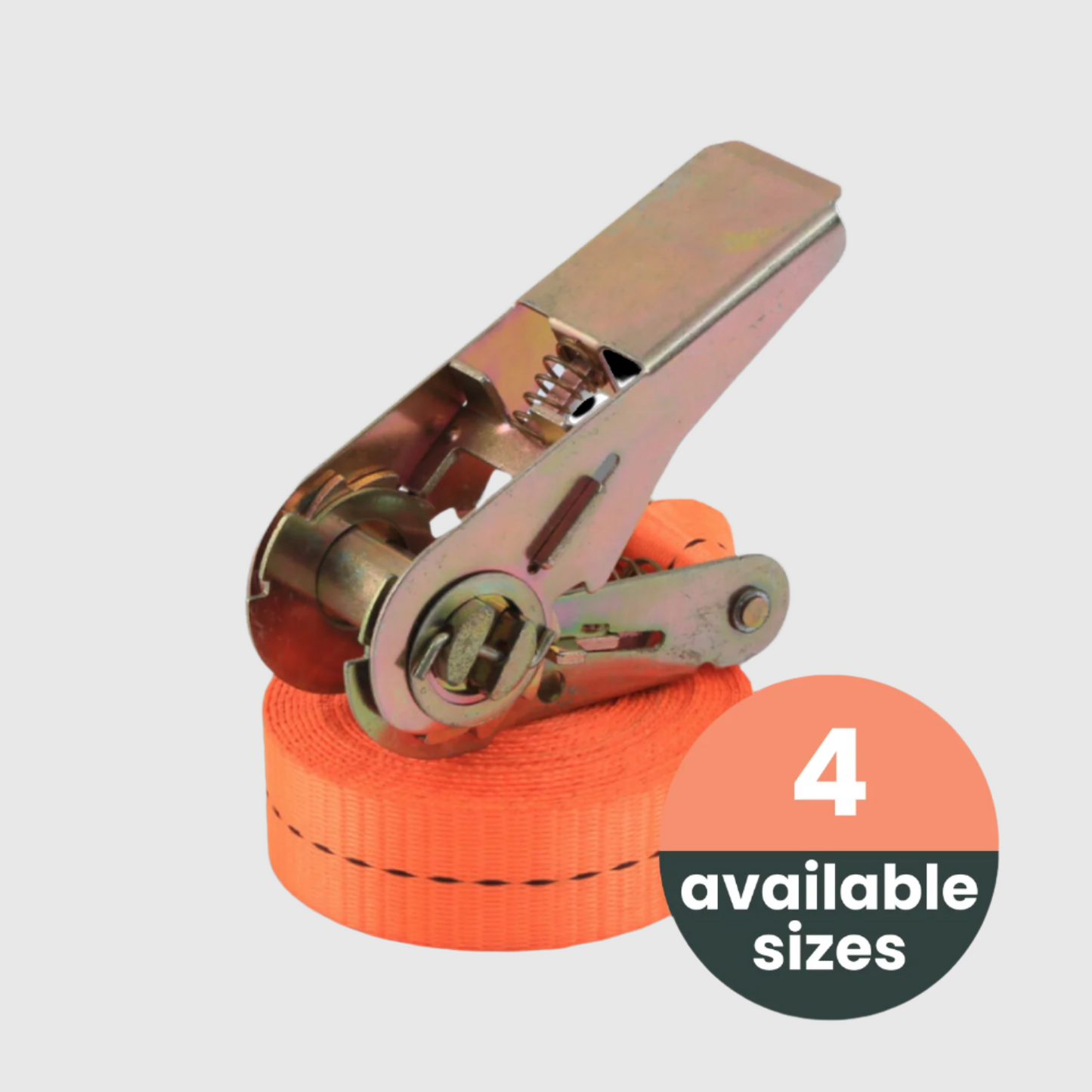 Oranje verpakkingstrekker met metalen handgreep en springmechanisme, geschikt voor veilig verpakken van goederen. Beschikbaar in vier verschillende maten voor diverse transport- en logistieke toepassingen.