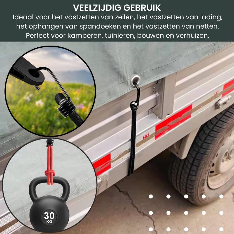 Zwarte, elastische haken met verstelbare kabels, geschikt voor kledingopbergingsystemen. Ideaal voor kasten en garderobes, met een stevige, flexibele constructie voor dagelijks gebruik.