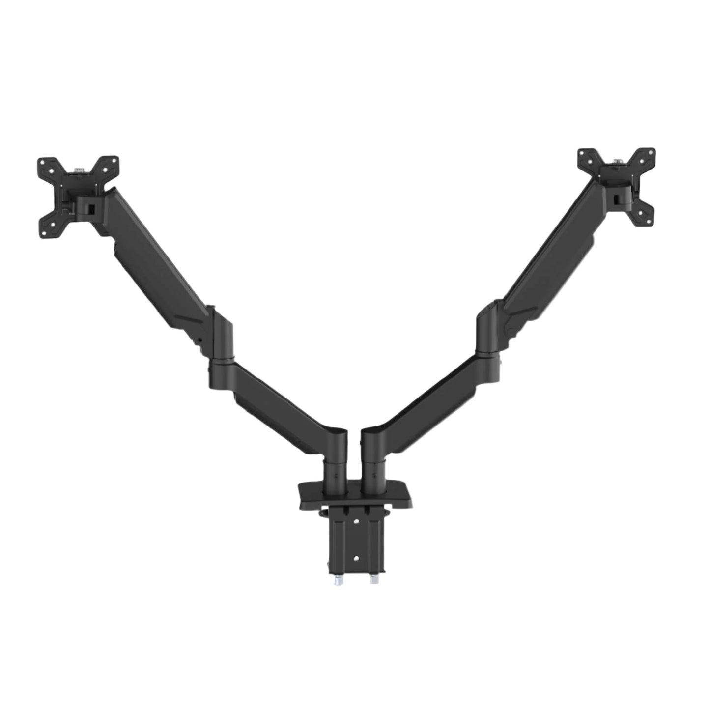 Zwarte, verstelbare V-vormige monitorarm voor dubbele schermen, met robuuste metalen constructie en montageplaten. Ideaal voor ergonomisch werkplekdesign en thuisbureau-gebruik.