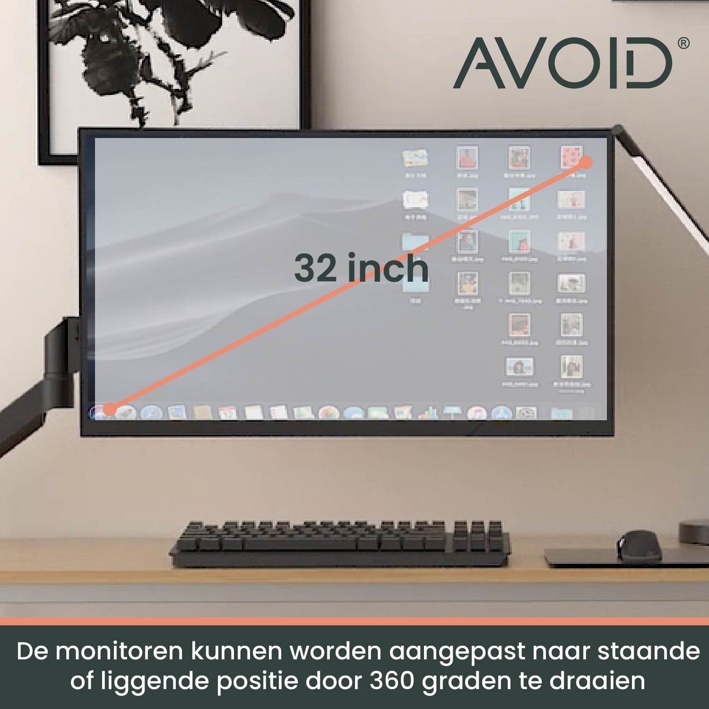Zwart, verstelbaar dubbelarm montagesysteem voor twee schermen, met robuust metaal en verstelbare armaturen, ideaal voor ergonomisch werkplekdesign en thuisbureaubenodigdheden.