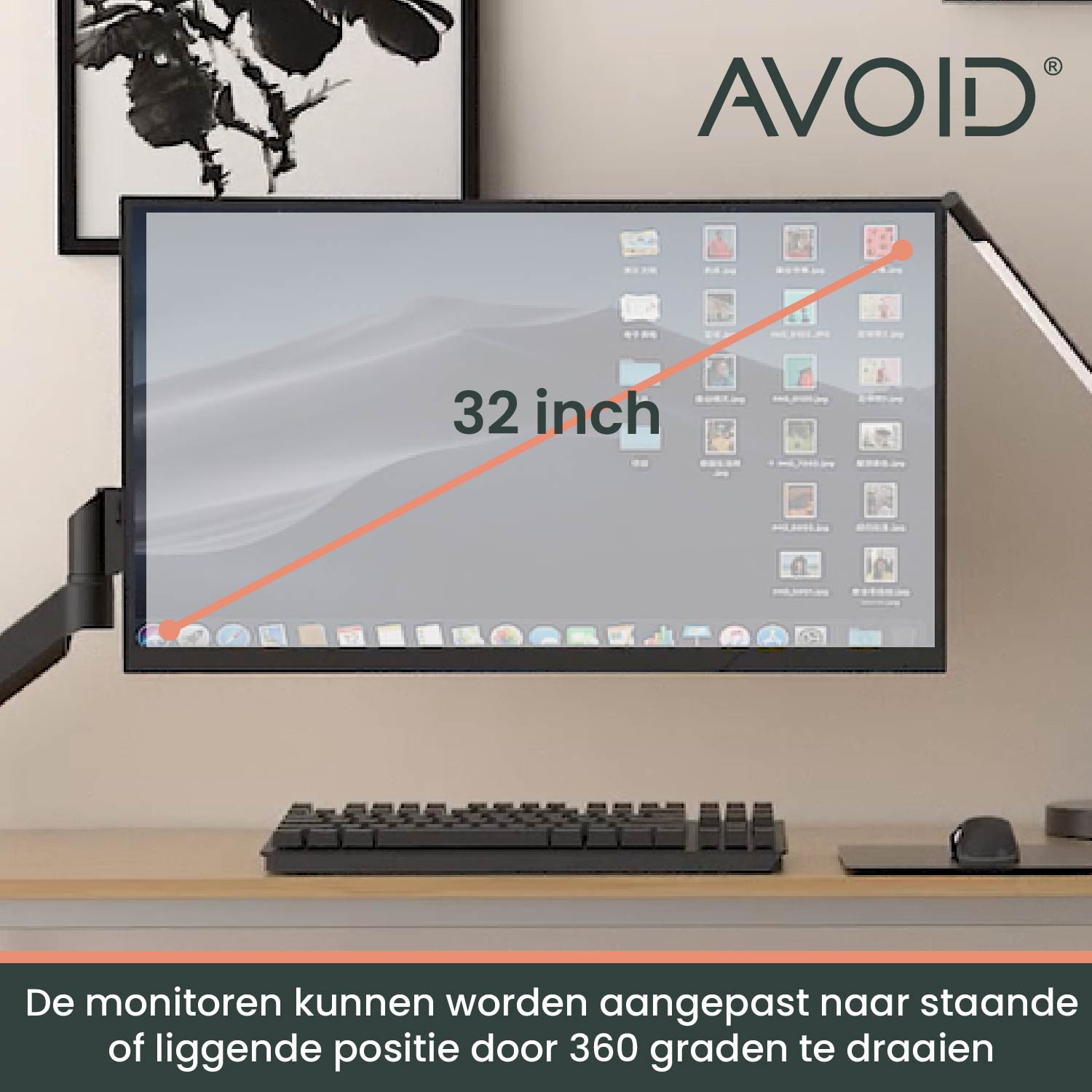 Zwart, verstelbaar dubbelarm montagesysteem voor twee schermen, met robuust metaal en verstelbare armaturen, ideaal voor ergonomisch werkplekdesign en thuisbureaubenodigdheden.