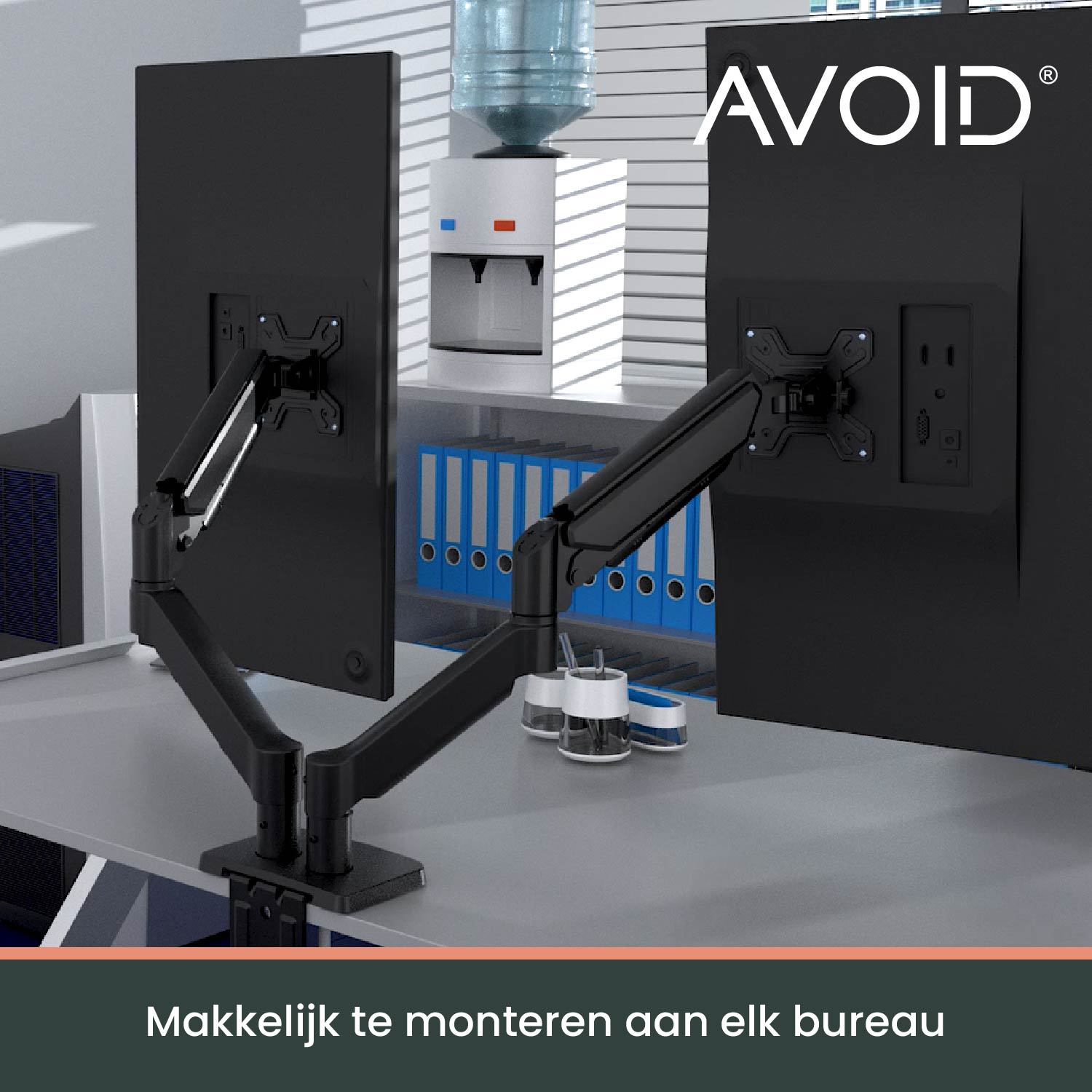 Zwart, verstelbaar dubbelarm montagesysteem voor twee schermen, geschikt voor kantoor- en thuiswerking. Robuust metaalontwerp met V-vormige constructie voor optimale schermpositie.