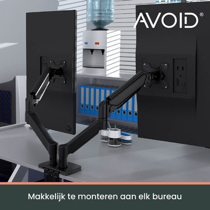 Zwart, verstelbaar dubbelarm montagesysteem voor twee schermen, geschikt voor kantoor- en thuiswerking. Robuust metaalontwerp met V-vormige constructie voor optimale schermpositie.