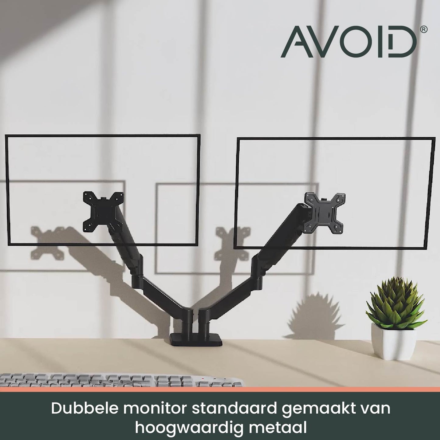 Zwart, verstelbaar dubbelarm montagesysteem voor twee schermen, geschikt voor kantoor- en thuiswerkplekken. Robuust metaalontwerp met V-vormige constructie voor optimale schermpositie.
