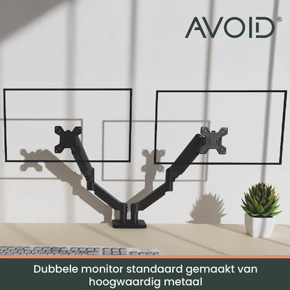 Zwart, verstelbaar dubbelarm montagesysteem voor twee schermen, geschikt voor kantoor- en thuiswerkplekken. Robuust metaalontwerp met V-vormige constructie voor optimale schermpositie.