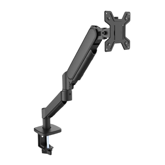 Zwarte, verstelbare monitorarm met stalen constructie en VESA-afstandsbevestiging, geschikt voor kantoor- en thuiswerking. Ideaal voor ergonomisch schermbevestigen en ruimtebesparende opstelling.