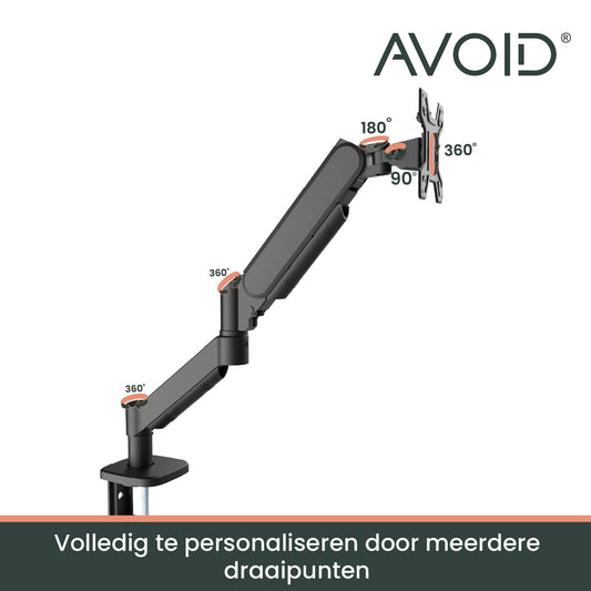 Zwarte, verstelbare monitorarm met stijve arm en VESA-afdekking, geschikt voor ergonomisch schermbeheer op bureau of werkplek. Ideaal voor thuiswerkers en kantooromgevingen.