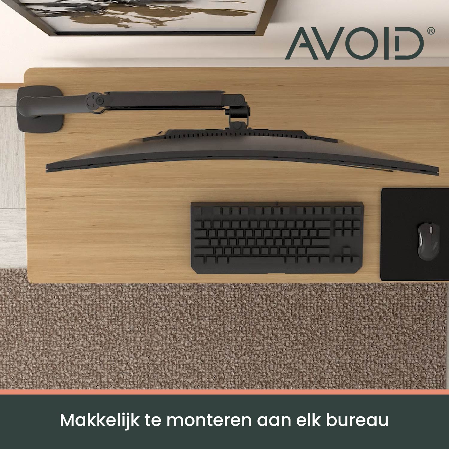 Zwarte, verstelbare monitorarm met stalen constructie en VESA-afstandsbevestiging, geschikt voor ergonomisch schermbevestigen aan bureaus of in kantooromgevingen.