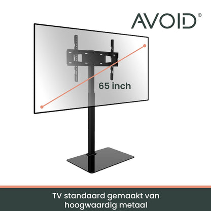 Zwarte, moderne TV-standaard met verstelbare arm en brede basis, geschikt voor grote schermen in kantoor- of woonruimte. Stijlvol design voor professionele of thuisgebruik.