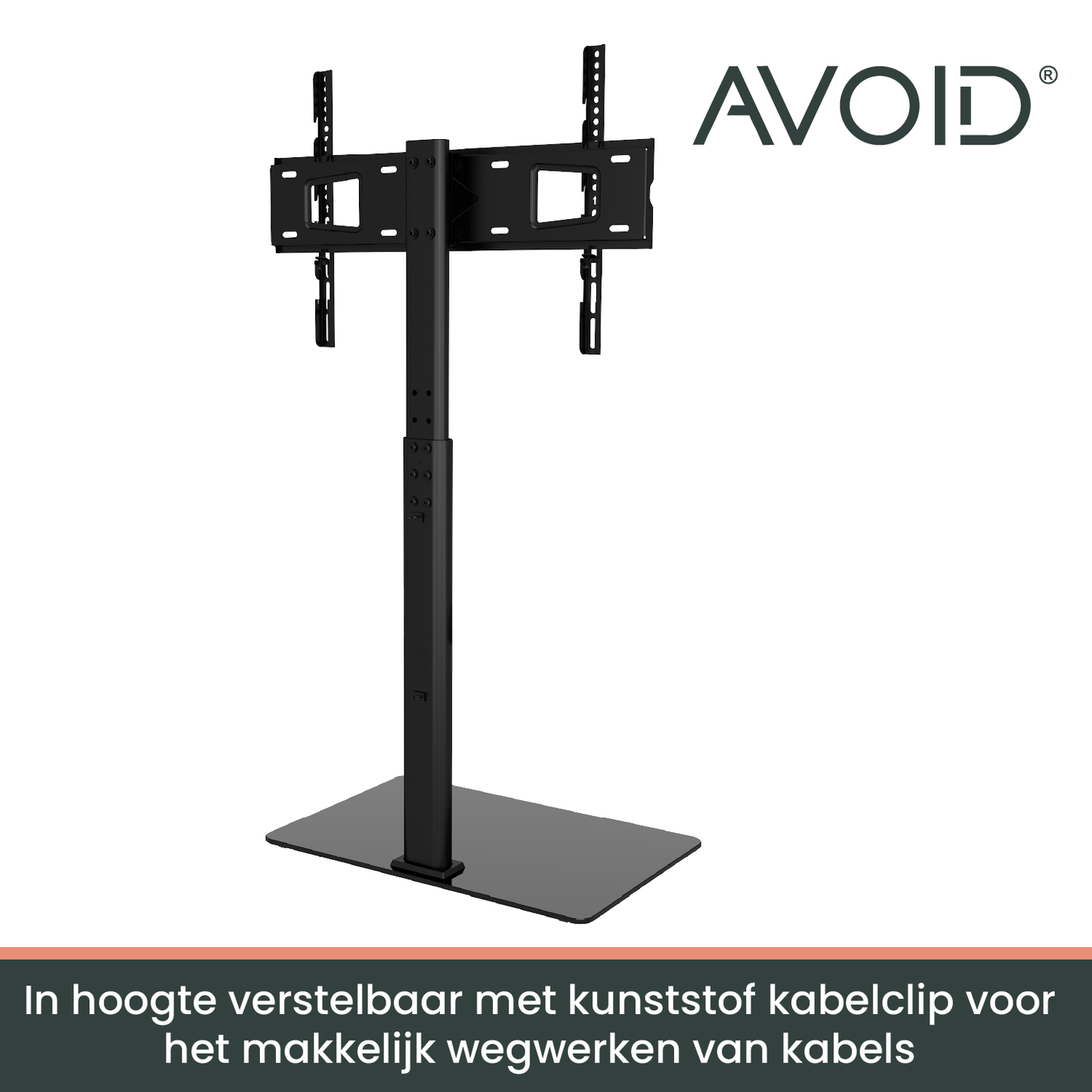 Zwarte, moderne TV-standaard met verstelbare arm en brede basis, geschikt voor slimme kantoor- of woonruimte. Geïntegreerd met een grote, platte schermhouder voor optimale beeldweergave.