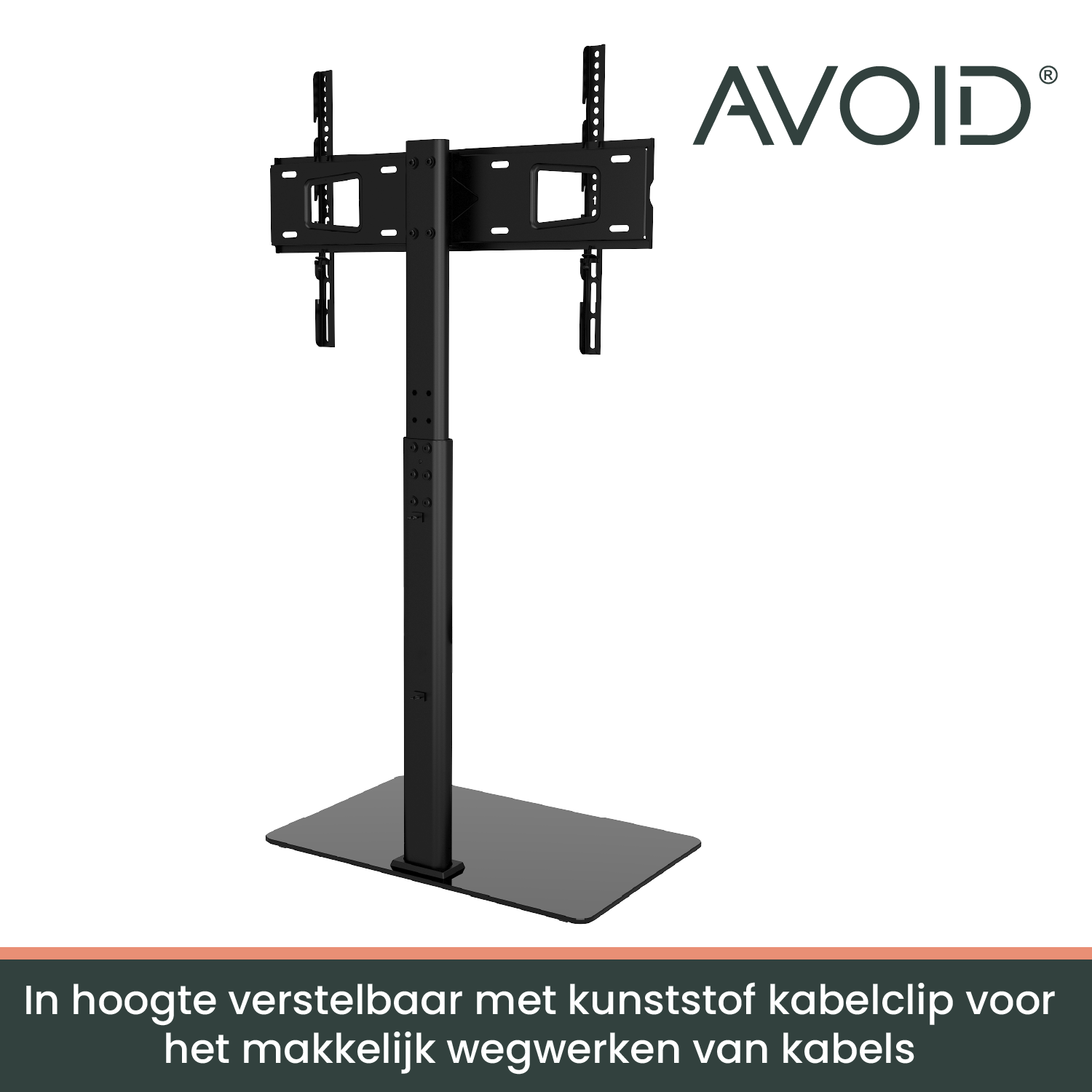 Zwarte, moderne TV-standaard met verstelbare arm en brede basis, geschikt voor slimme kantoor- of woonruimte. Geïntegreerd met een grote, platte schermhouder voor optimale beeldweergave.