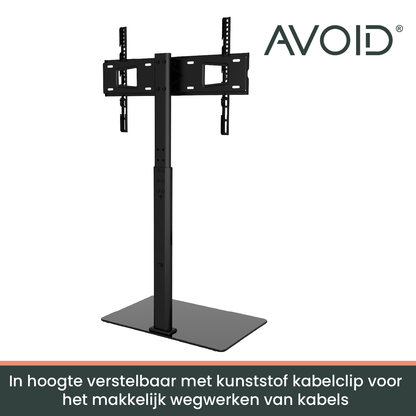 Zwarte, moderne TV-standaard met verstelbare arm en brede basis, geschikt voor slimme kantoor- of woonruimte. Geïntegreerd met een grote, platte schermhouder voor optimale beeldweergave.