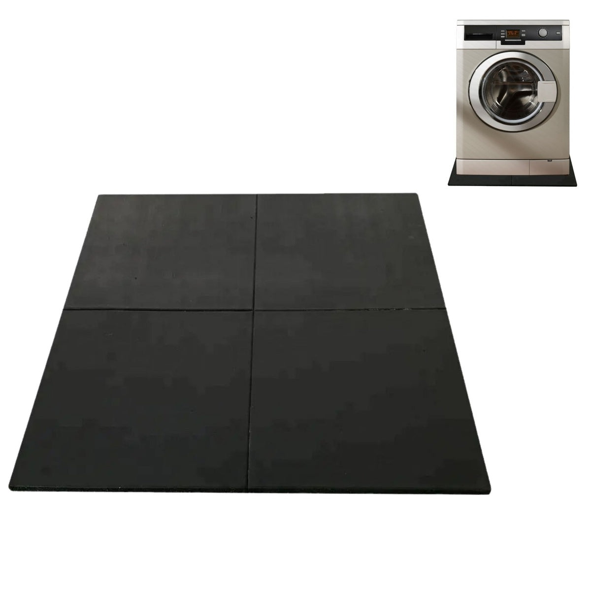 Zwart rubberen vloermat in vier stukken, geschikt als bescherming onder wasmachines. Gebruik als anti-slip ondergrond in wasruimtes of keukens.