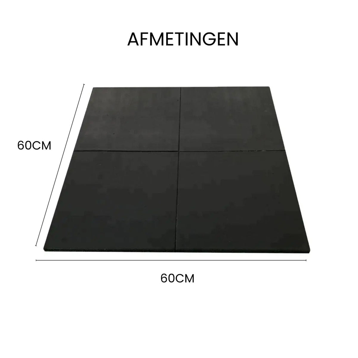 Zwart rubberen vloermat in vier stukken, geschikt voor wasmachineondersteuning. Geïntegreerd met een wasmachine voor stabiliteit en bescherming van de vloer.