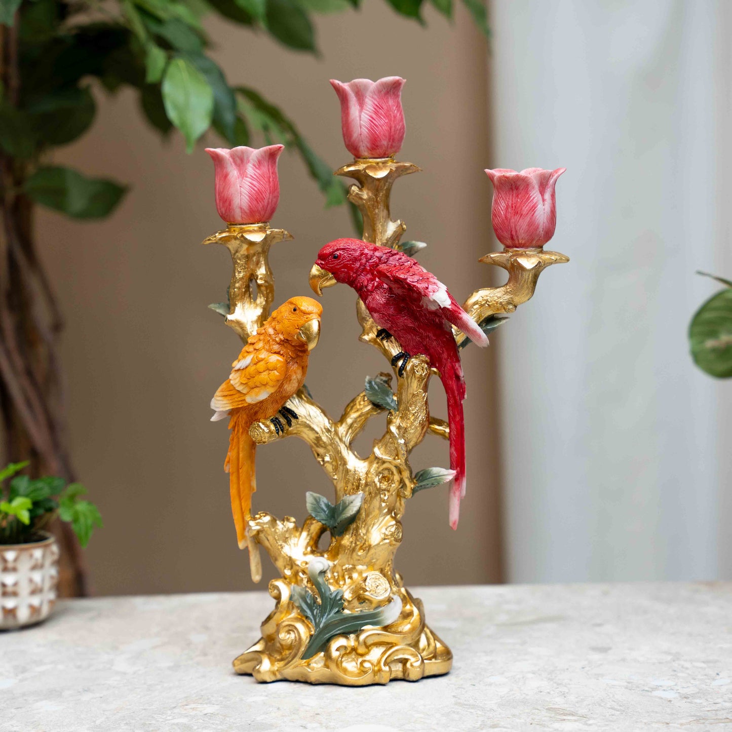 Candle Holder Bird Red & Orange Multi - 37.5 cm