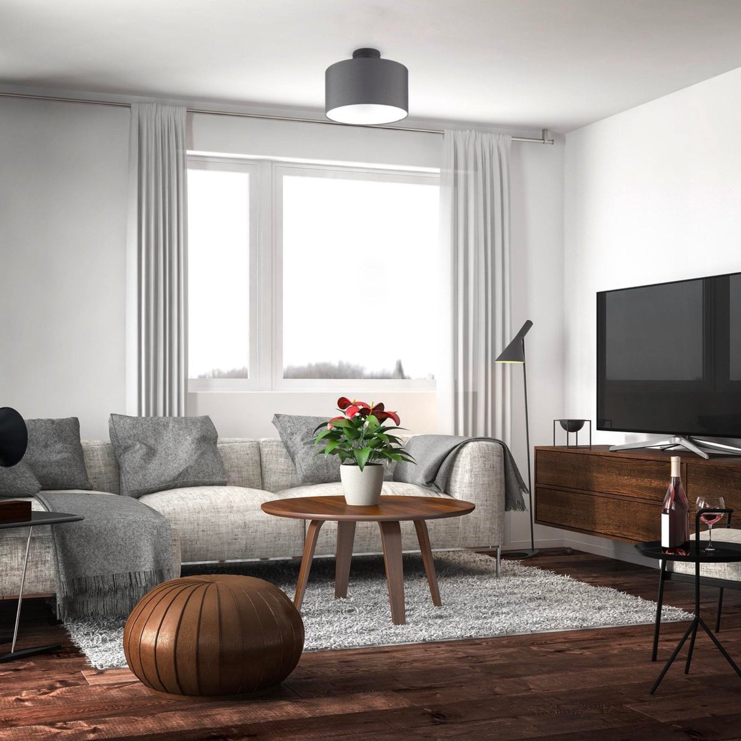 B.K.Licht - Decoratieve plafondlamp - Ø30cm - Grijs/wit - Metaal, hout en stof - Ronde plafonnière - E27 fitting - Excl. lichtbron