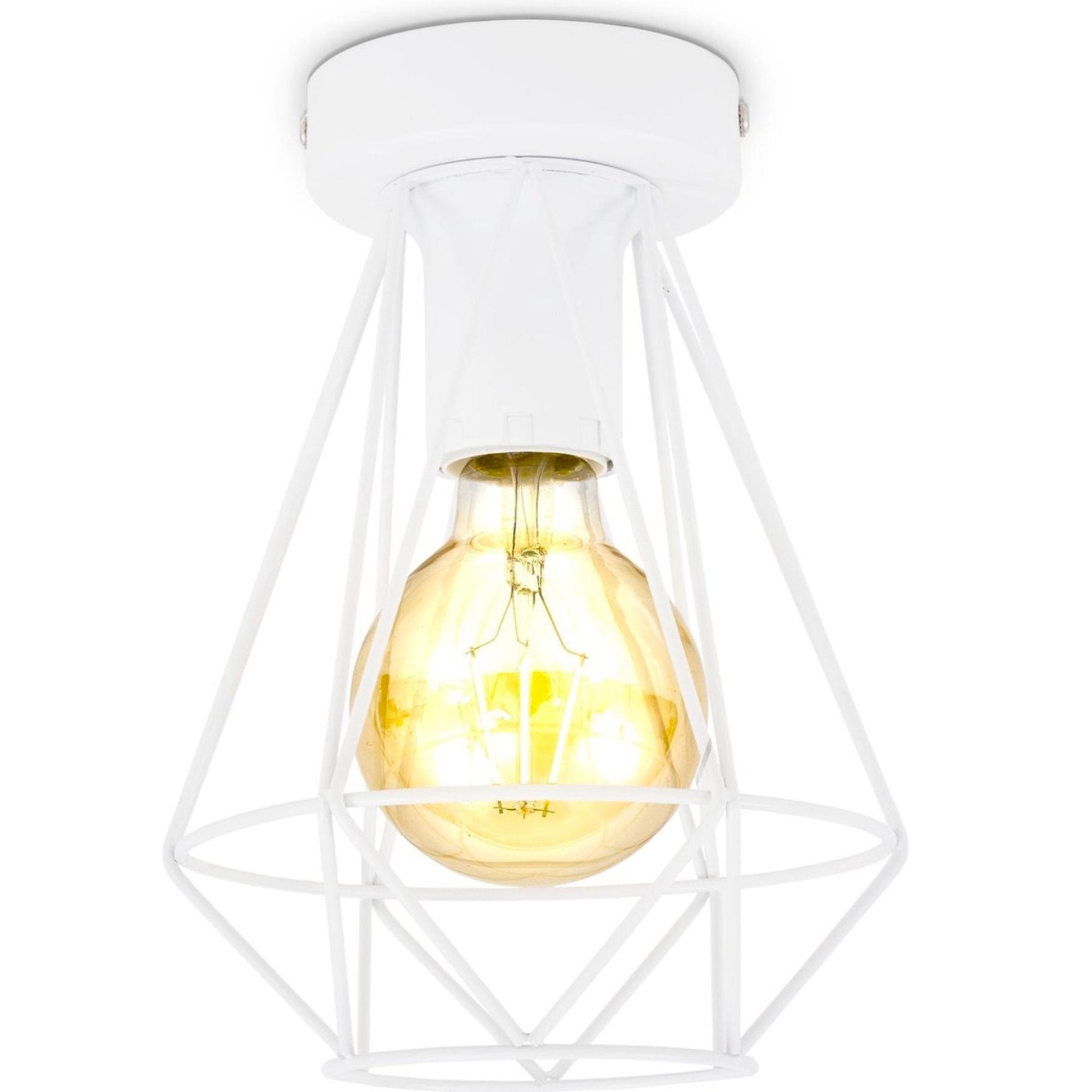 Een witte, geometrische plafondlamp met een kooi van dunne metalen draden en een warmgele gloeilamp. Ideaal voor moderne interieurs en als accentverlichting in slaapkamers of woonkamers.