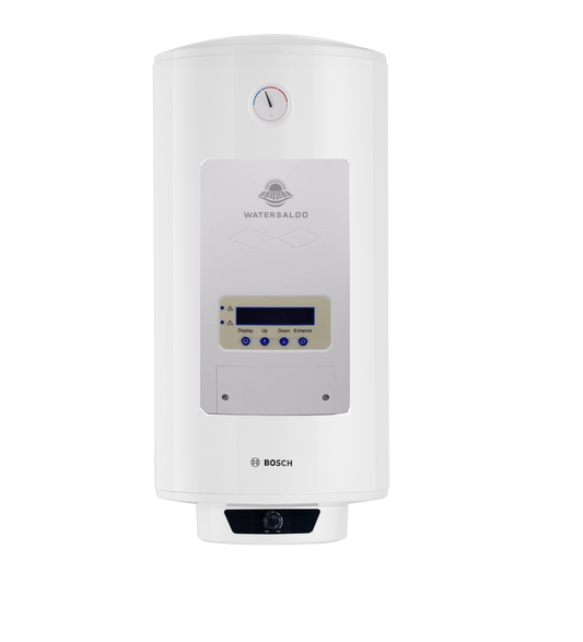 De witte Bosch Watersaldo waterverwarmer met digitale display en bedieningsknoppen. Geschikt voor energiezuinig verwarmen van water in huishoudens.