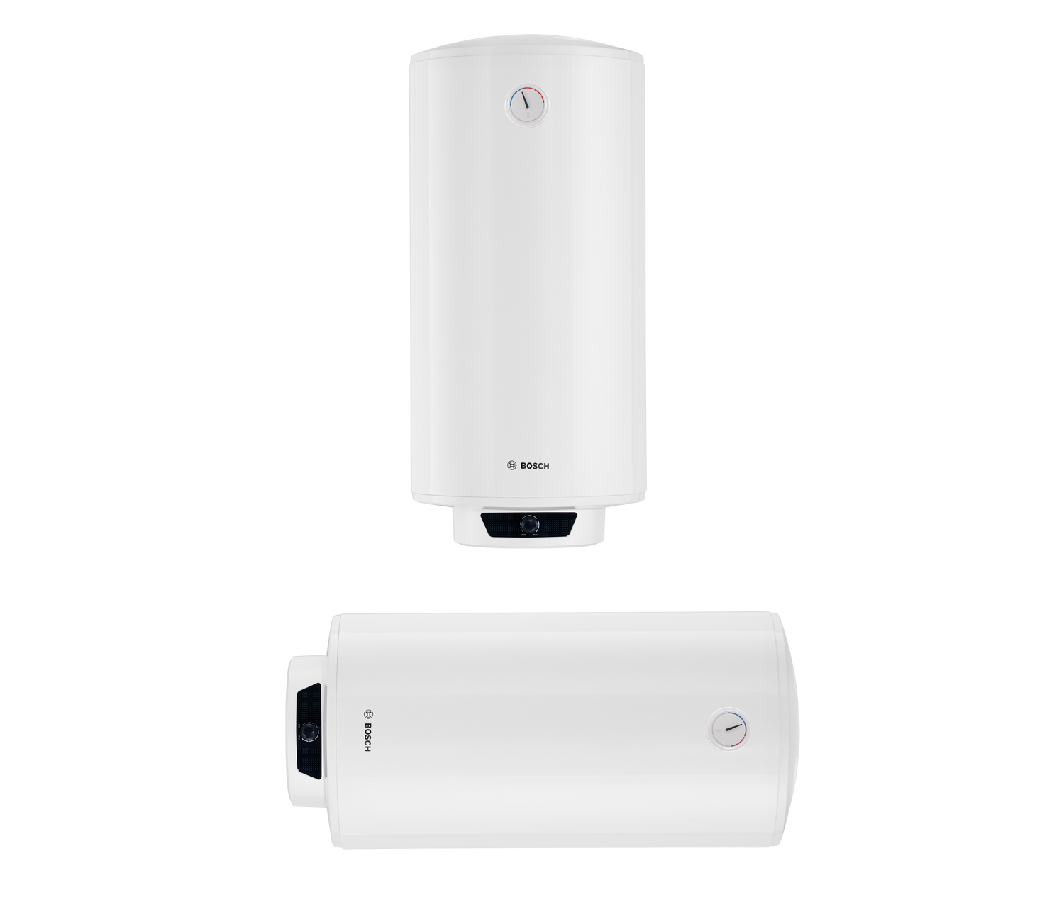 Bosch waterkoker in wit, met zichtbare temperatuurknop en merklogo. Geïllustreerd van boven en zijkant, geschikt voor huishoudelijk gebruik en energiezuinige verwarming.