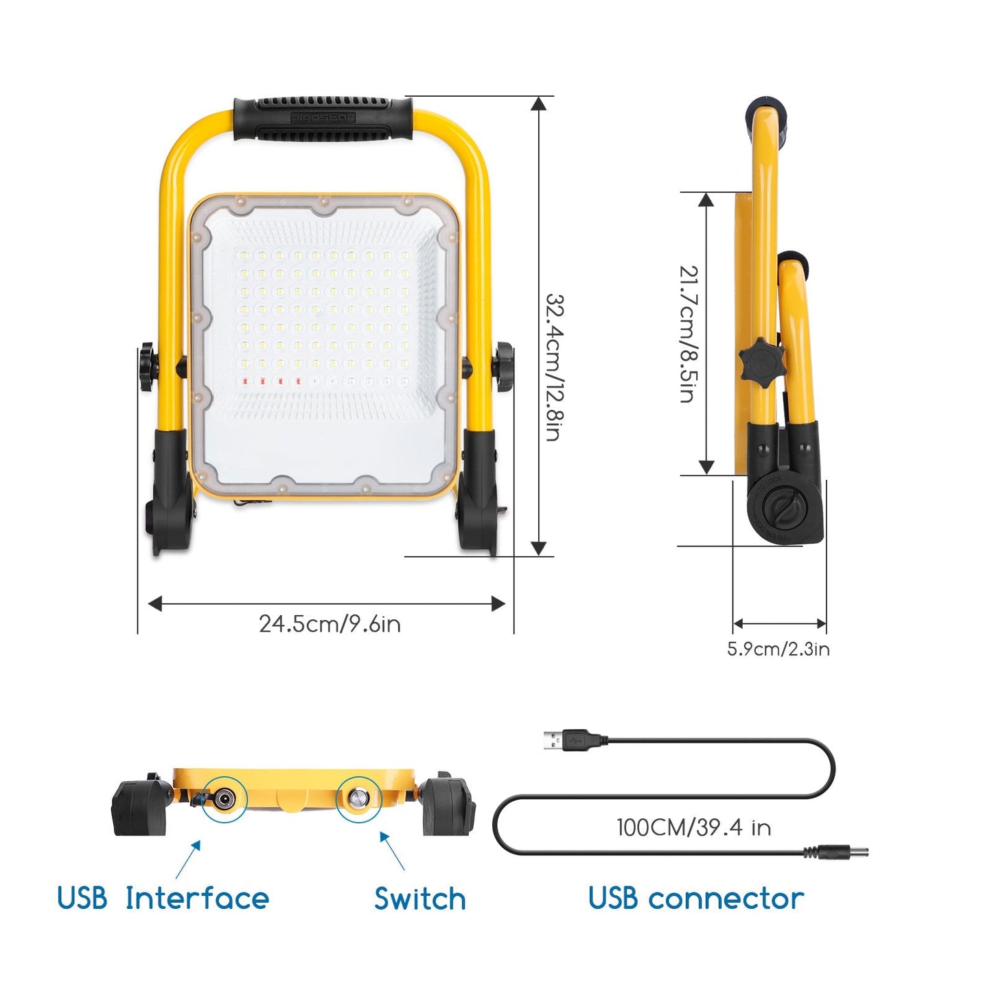 Een gele, opvouwbare LED-werklicht met zwarte verstelbare poten en een USB-oplaadkabel, geschikt voor gebruik in werkplaatsen of bij nachtwerkzaamheden.