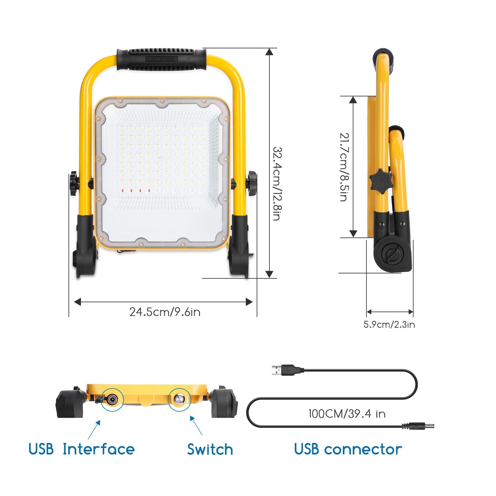 Een gele, opvouwbare LED-werklicht met zwarte verstelbare poten en een USB-oplaadkabel, geschikt voor gebruik in werkplaatsen of bij nachtwerkzaamheden.
