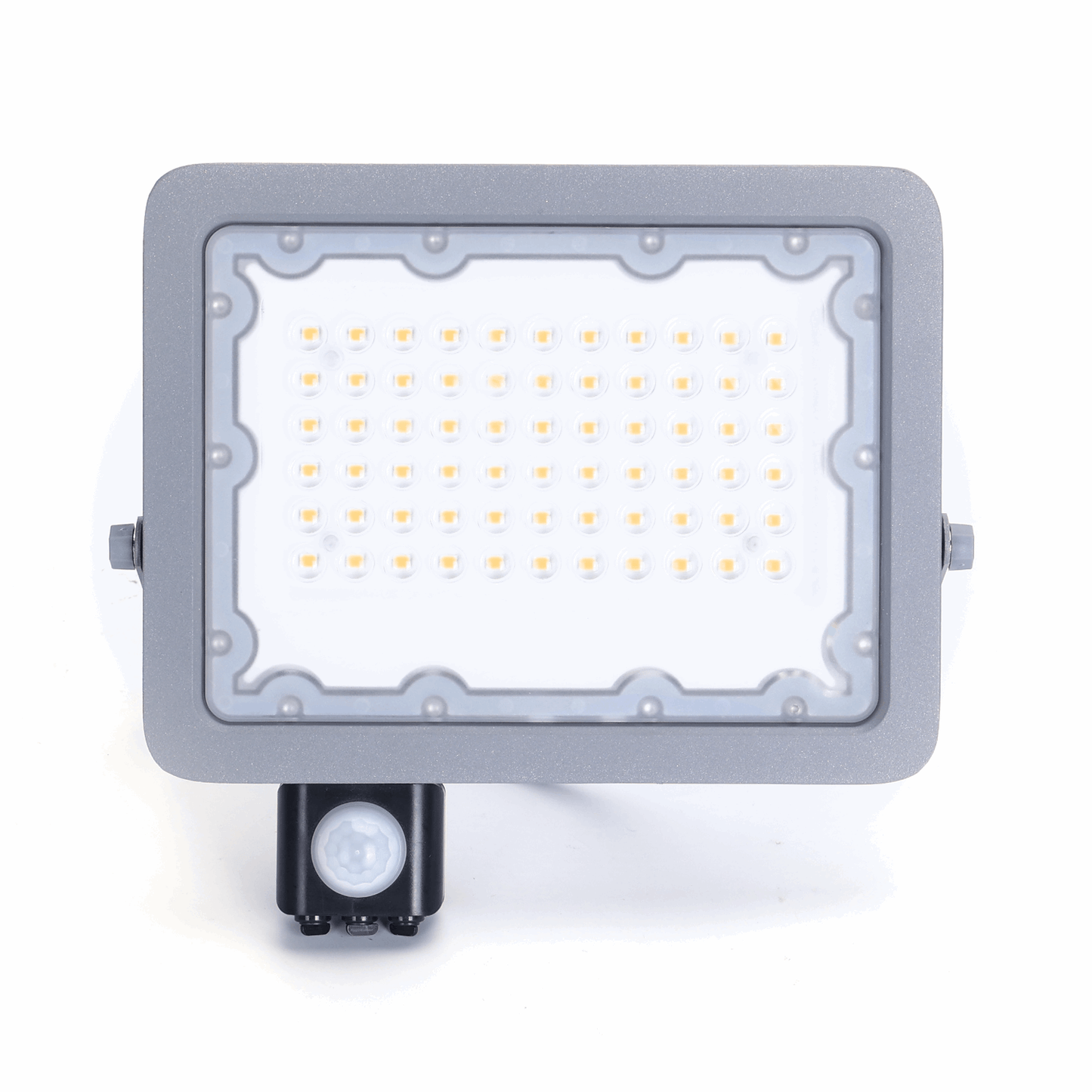 Grijze LED buitenverlichting met bewegingssensor, voor tuin of terras. Zichtbare LED’s en zilverkleurige montageschroef voor nachtverlichting.