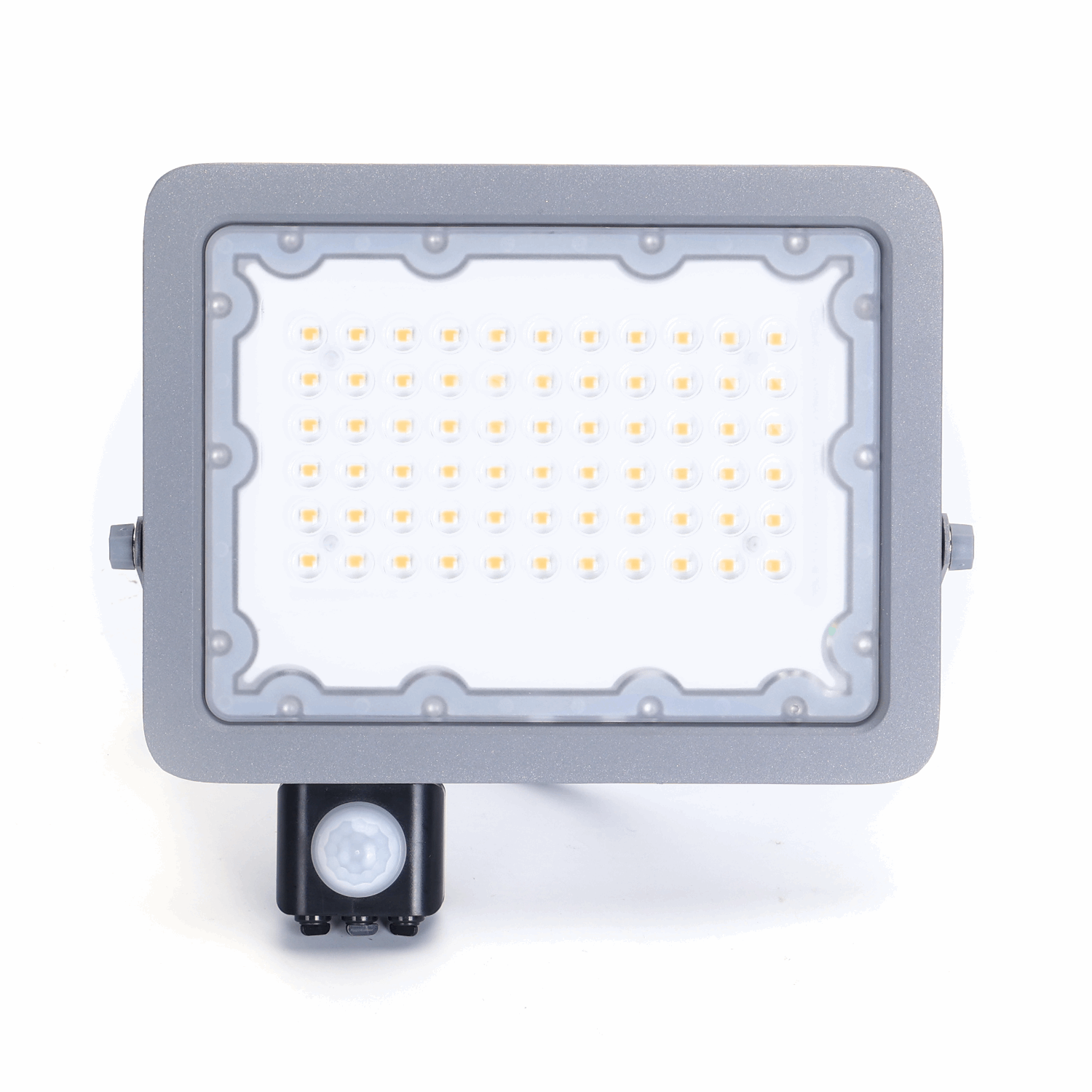 Grijze LED buitenverlichting met bewegingssensor, voor tuin of terras. Zichtbare LED’s en zilverkleurige montageschroef voor nachtverlichting.