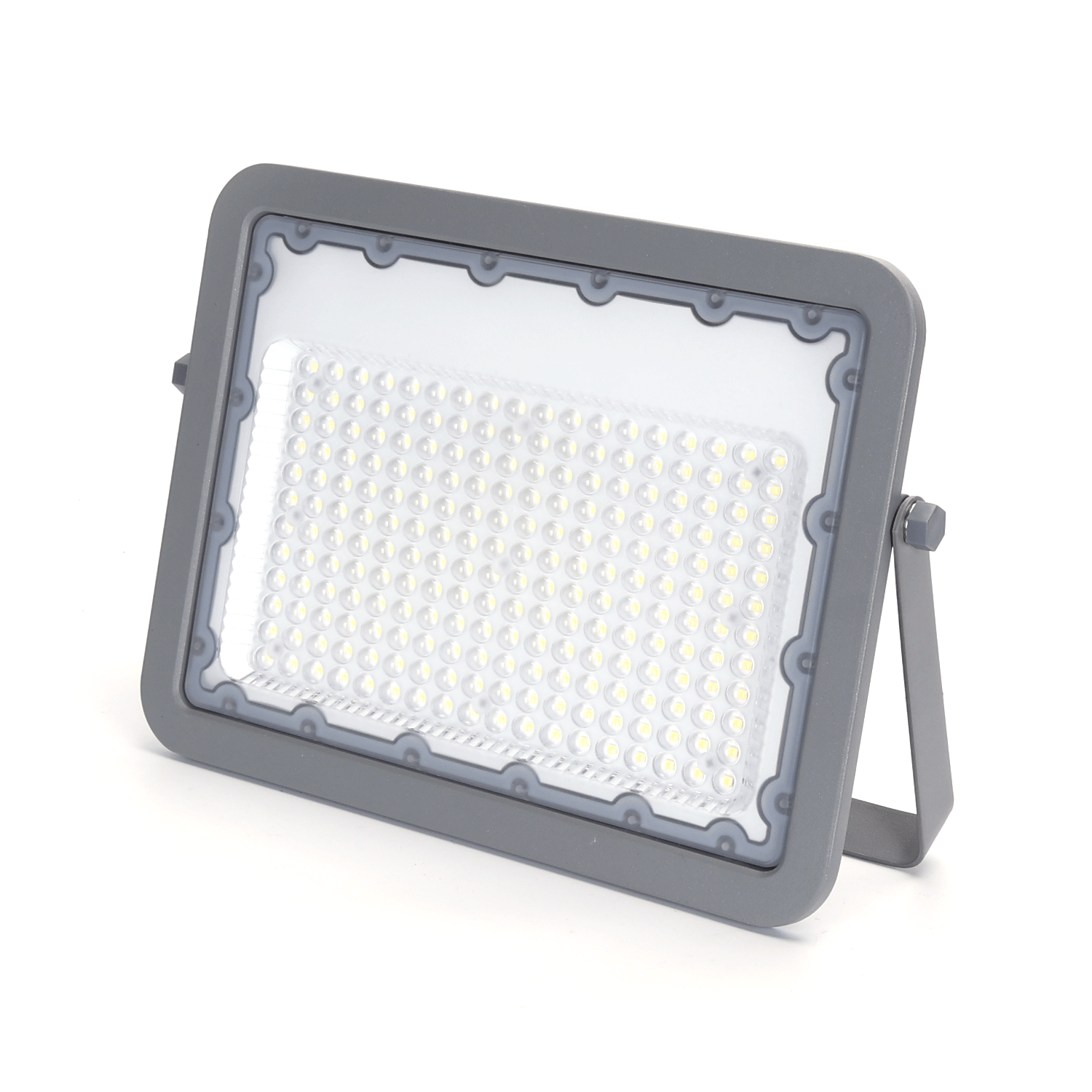 Grijze LED-fluorescentieplaat met zichtbare lampenmatrix en montagearm, geschikt voor buitenverlichting. Robuust ontwerp voor industriële of tuinverlichting.