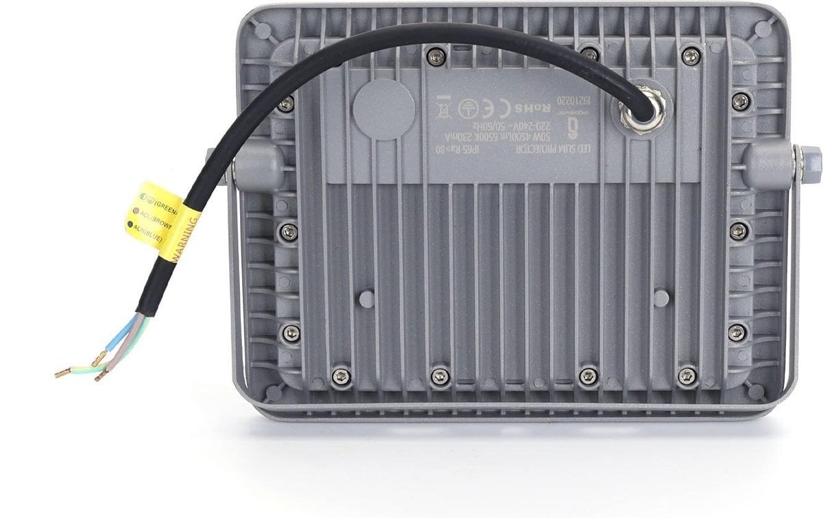 Grijs LED-stralingslamp met zichtbare kabel en gele isolatie, geschikt voor buitenverlichting. Zichtbare S-markering en zonnige LED-dioden voor efficiënte verlichting.
