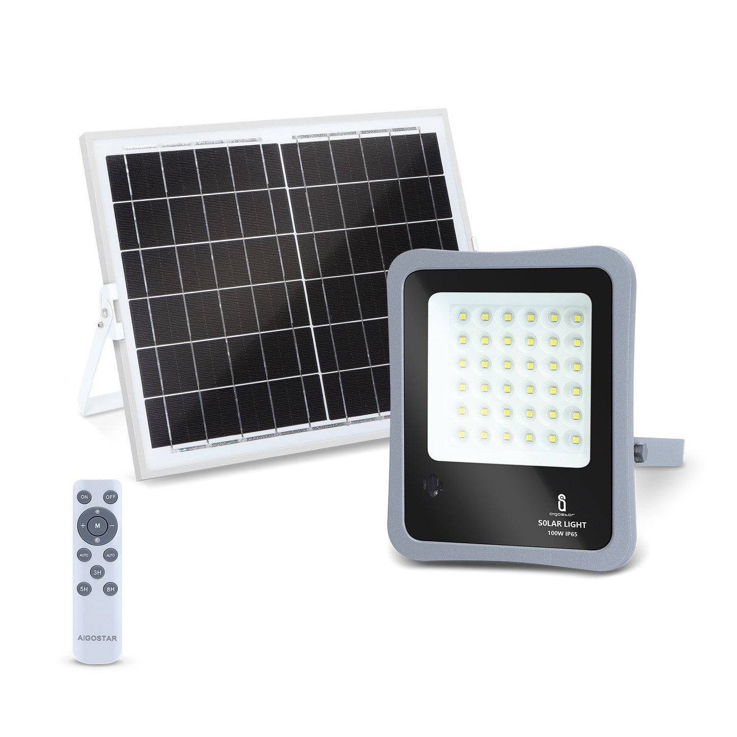 Zonnepanelenverlichting met 100W LED, IP65 waterdicht, inclusief afstandsbediening. Geschikt voor tuinverlichting en buitenverlichting.