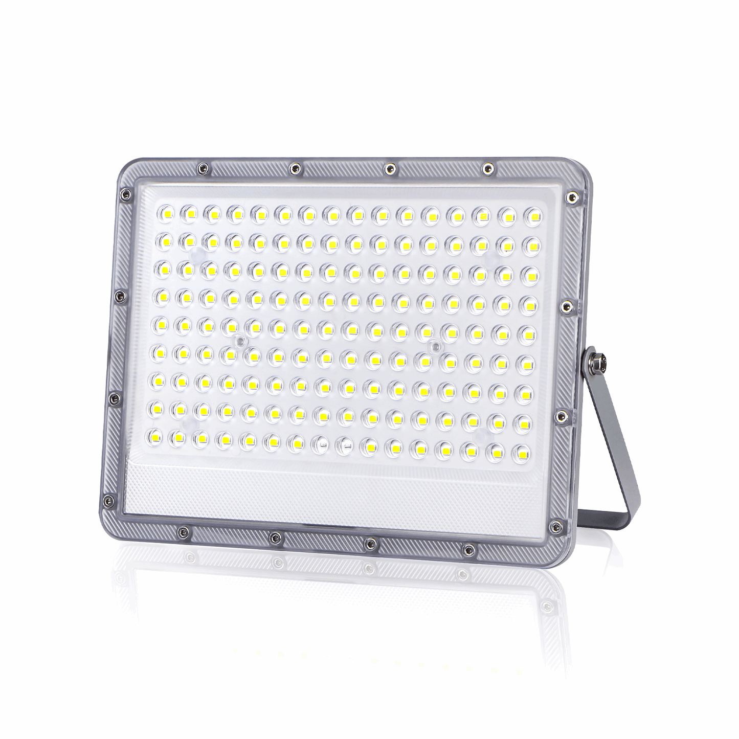 Zonnepanelenverlichting met 100 LED’s, zilverkleurig aluminium kastje en afstandsbediening. Ideaal voor tuinverlichting of buitenverlichting, met zichtbare zonnepaneel en bedieningsknoppen.