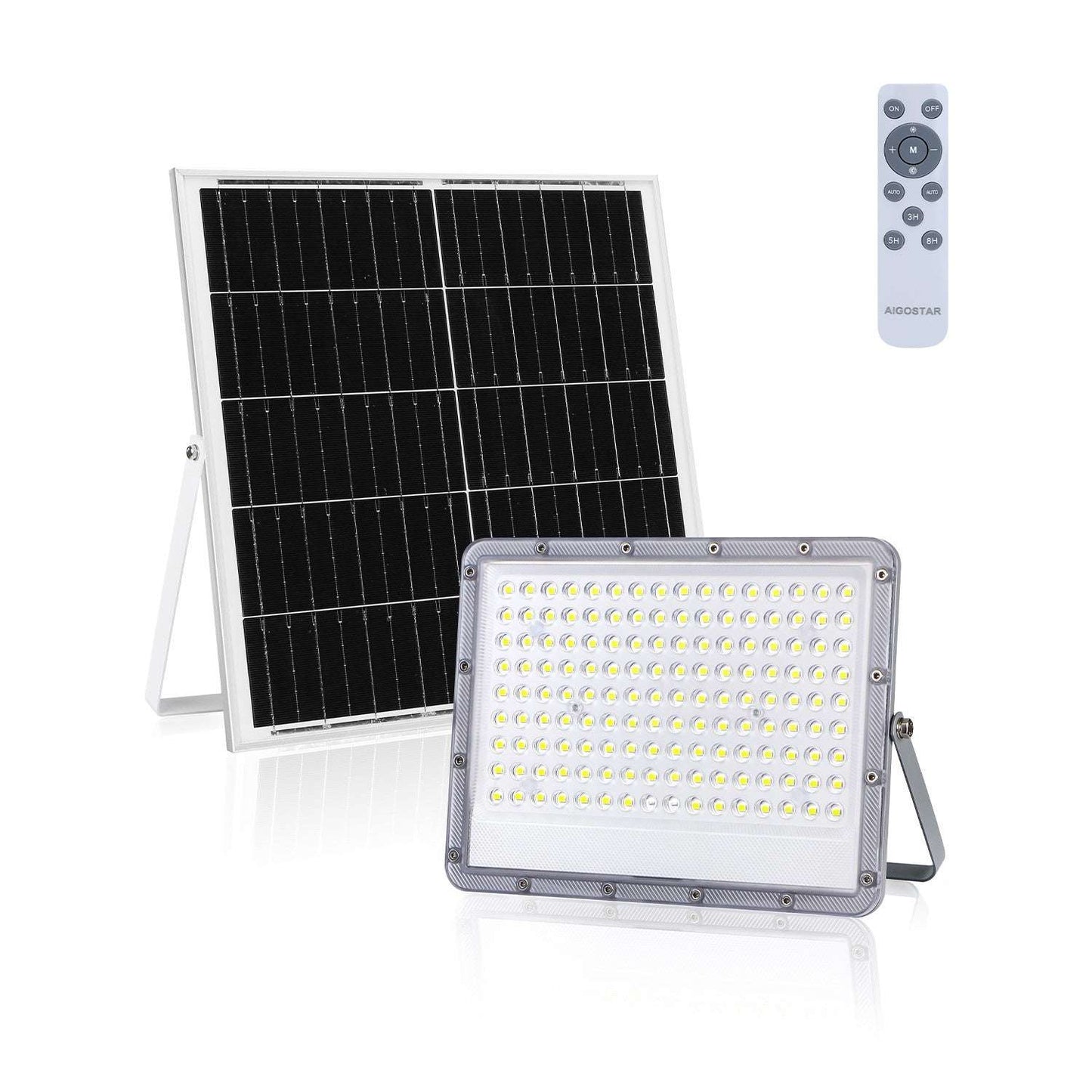 Zonnepanelenverlichting met 100 LED’s, zilverkleurig chassis en afneembare standaard. Inclusief afstandsbediening voor tuin- en terrasverlichting.