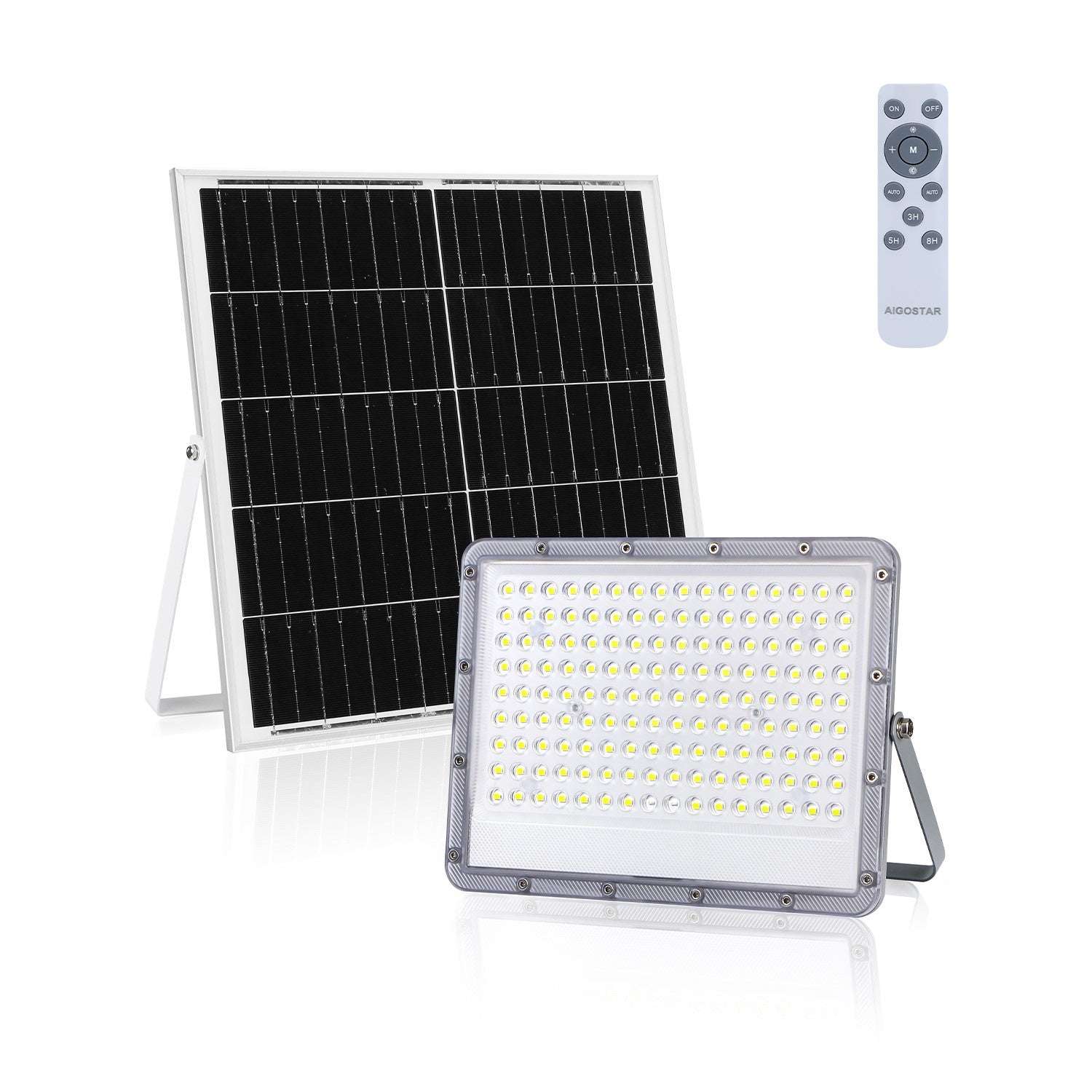 Zonnepanelenverlichting met 100 LED’s, zilverkleurig chassis en afneembare standaard. Inclusief afstandsbediening voor tuin- en terrasverlichting.