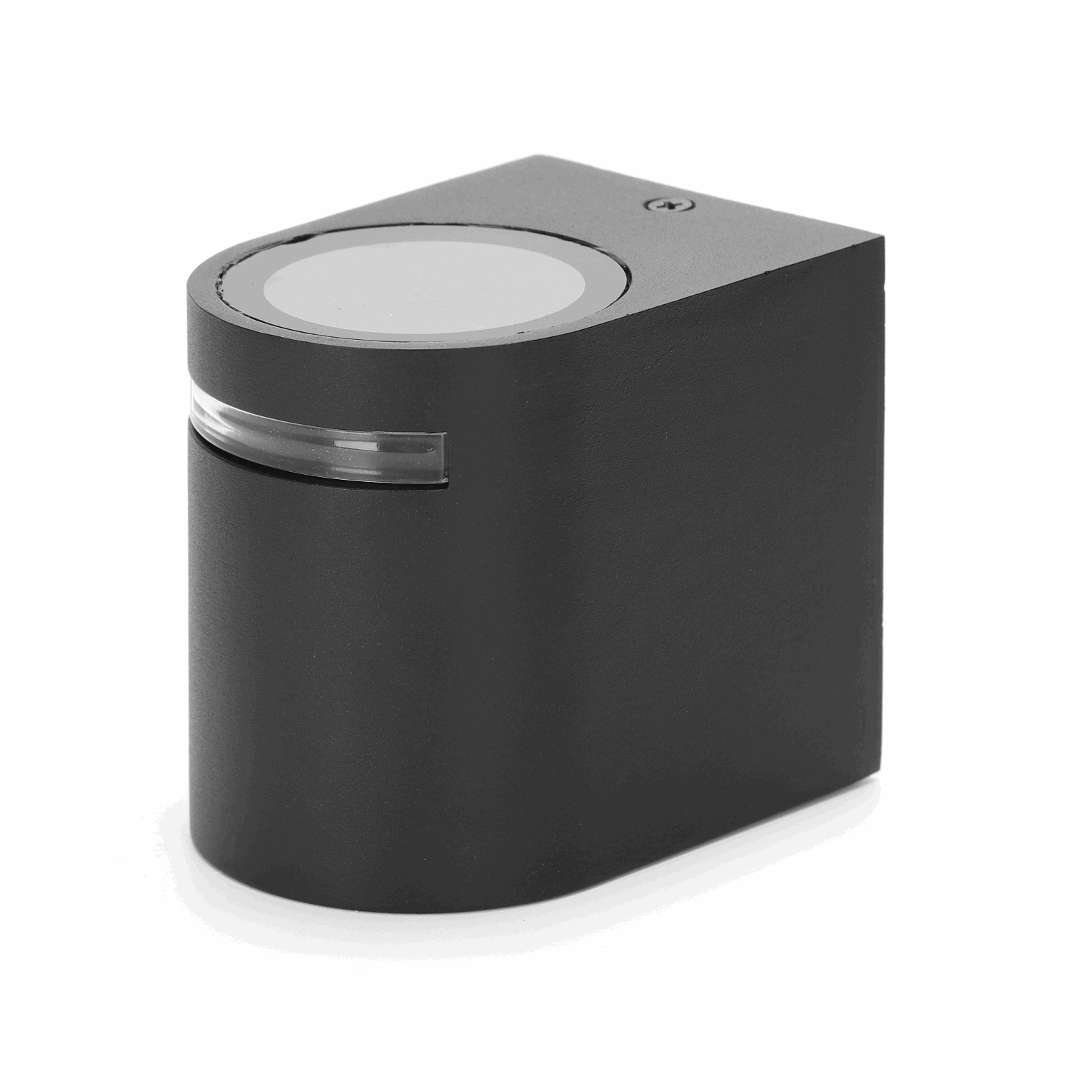 Zwart, minimalistisch draadloos oplaadstation met glazen accent en ronde lichtopening, geschikt voor slimme telefoons en tablets. Compact ontwerp voor moderne, stijlvolle oplading in huis of kantoor.