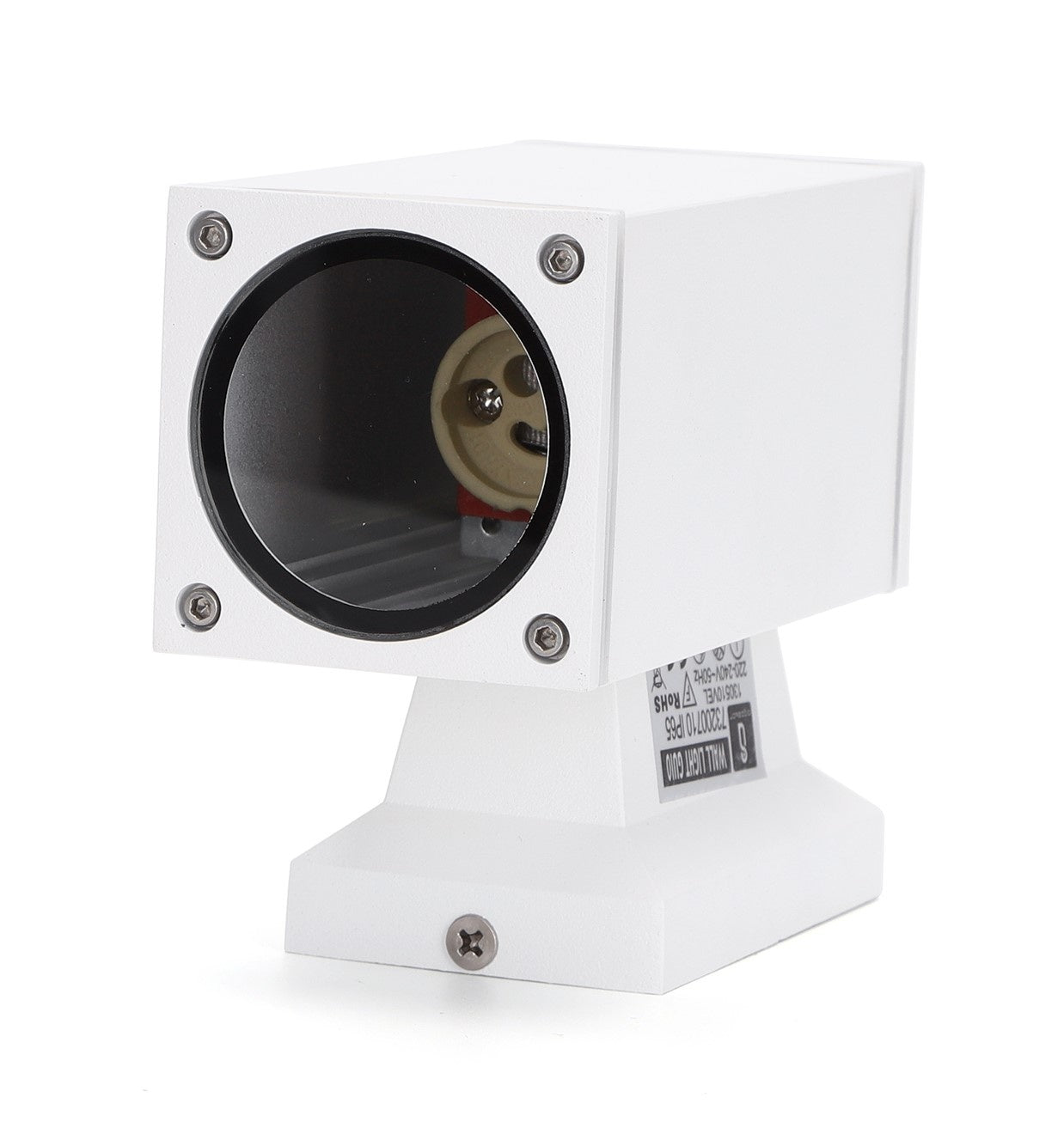 Een witte, rechthoekige wandlamp met een strak, modern ontwerp en zichtbare montagebeugel. Geschikt voor gebruik in de tuin of op de veranda, met een robuust aluminium frame.