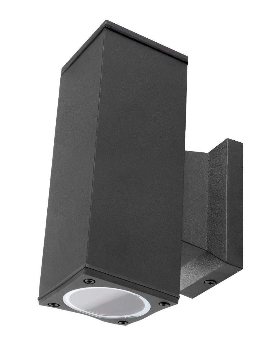 Zwart, rechthoekig buitenspot met mat oppervlak en witte reflector, geschikt voor wandmontage. Modern design voor verlichting van terrassen en veranda’s.