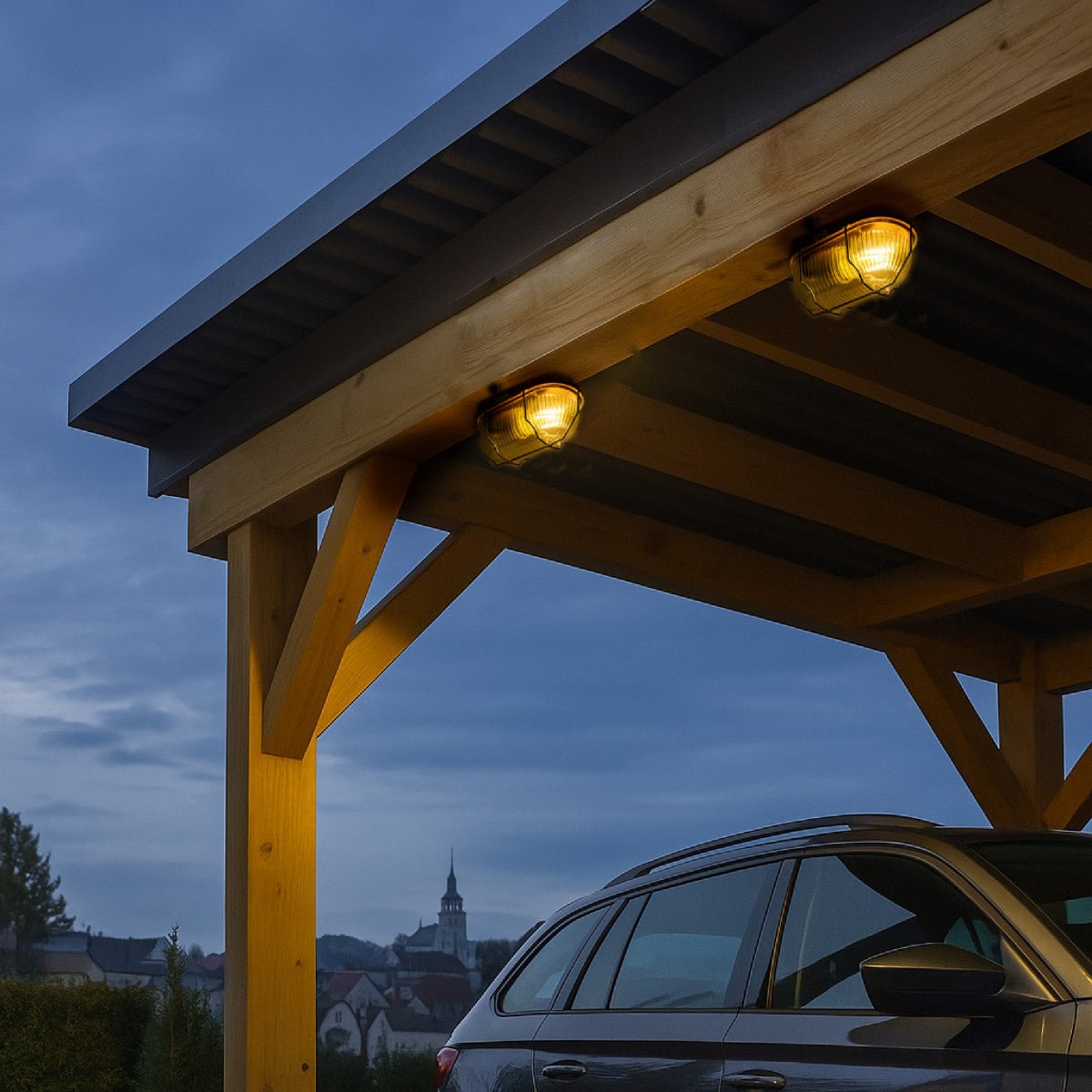 Grijze, afwerking met ribbelstructuur en metalen kooi. Geschikt voor industriële verlichting, met zichtbare montagebeugels en transparante beschermkap.